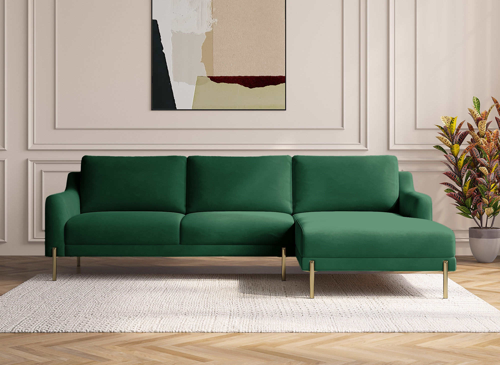 Canapé d'angle avec méridienne en velours vert CELINE - Angle Droit