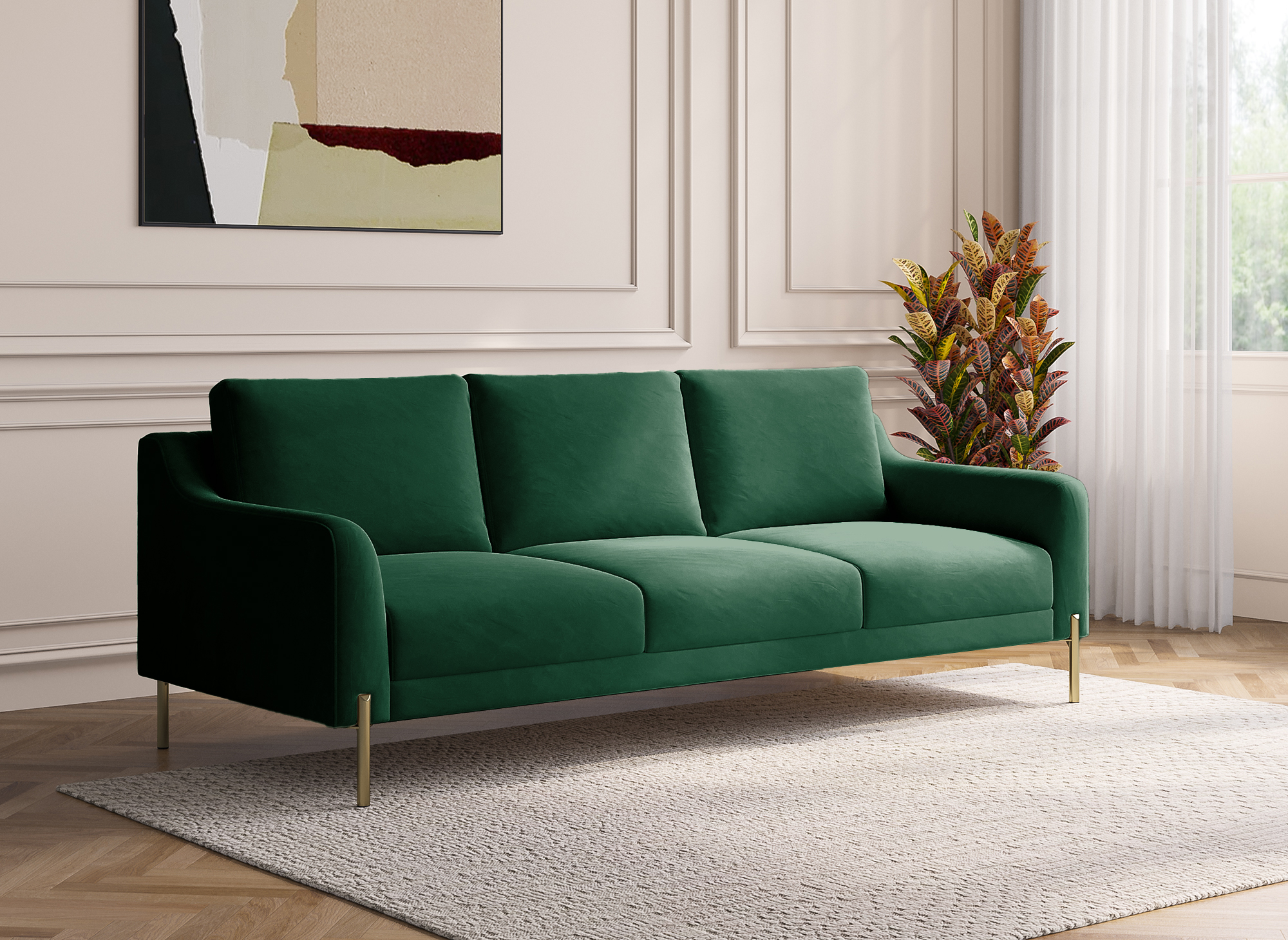 Canapé droit 3 places en velours vert CELINE
