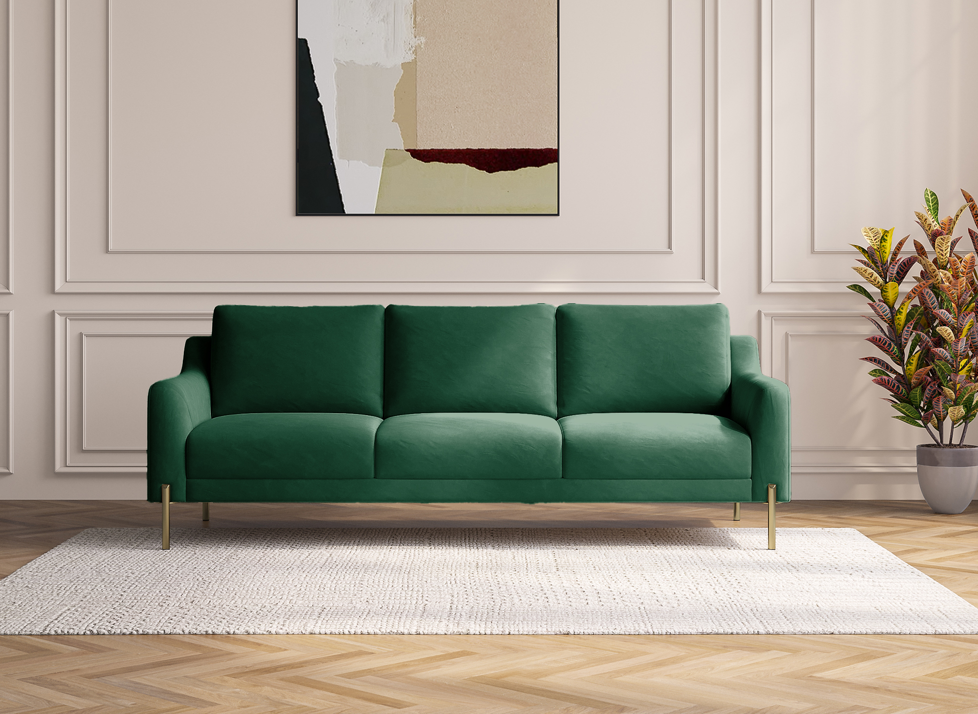 Canapé droit 3 places en velours vert CELINE