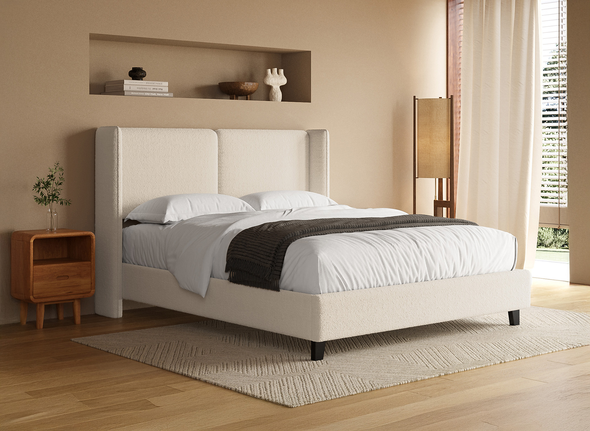 Lit double en tissu effet peau de mouton beige 140x190 cm KAYDEN