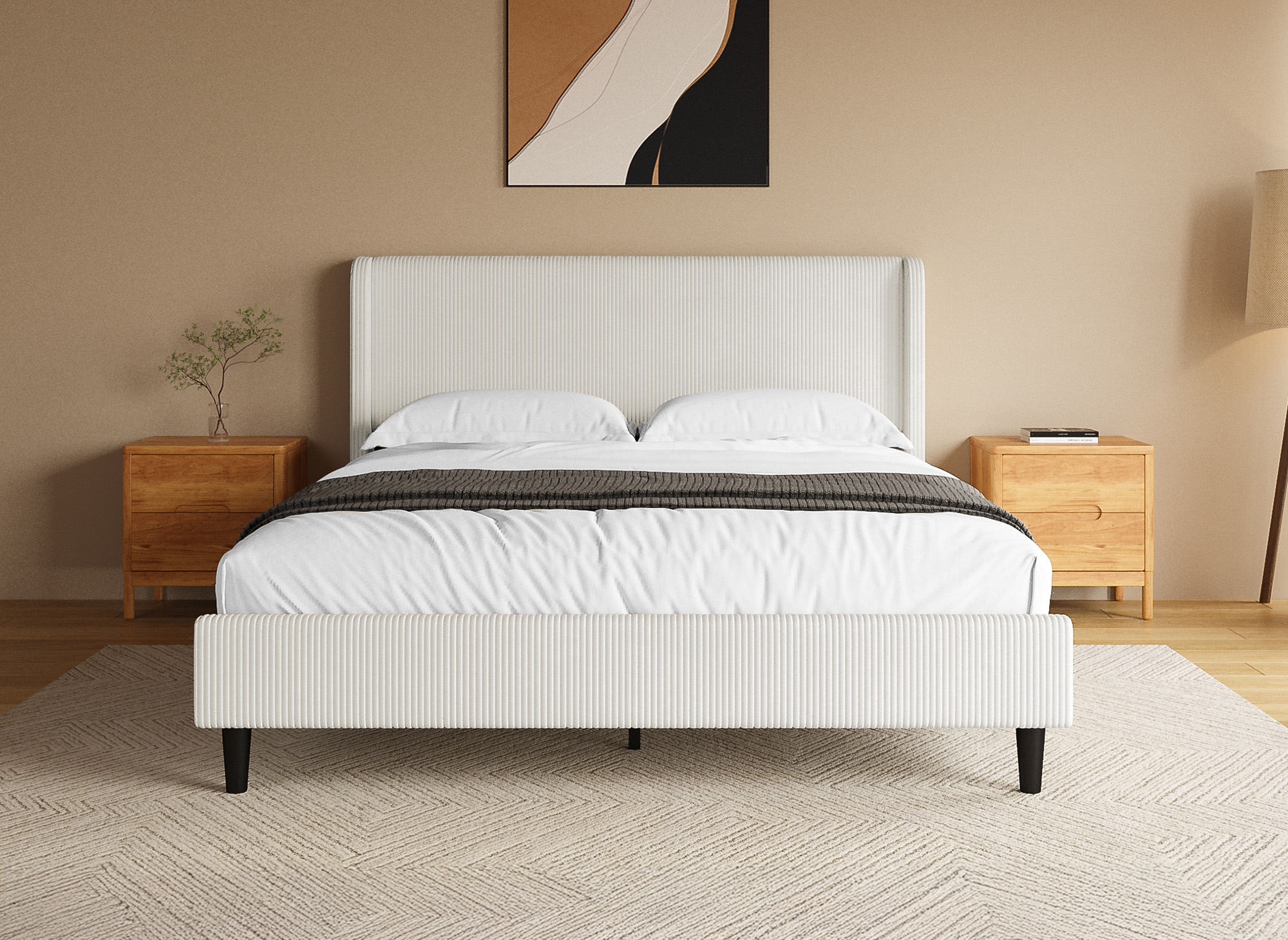 Lit double en velours côtelé épais beige 160x200cm LEVY