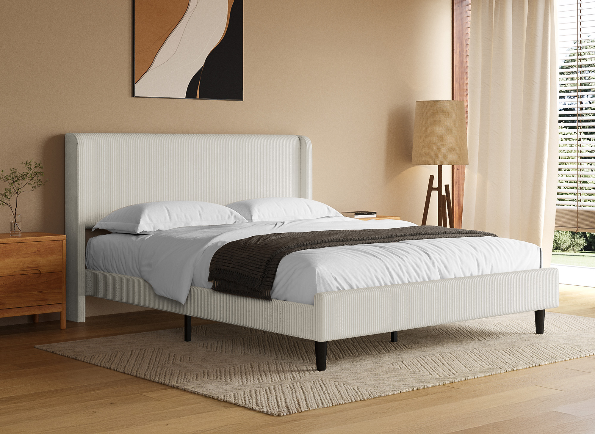 Lit double en velours côtelé épais beige 160x200cm LEVY