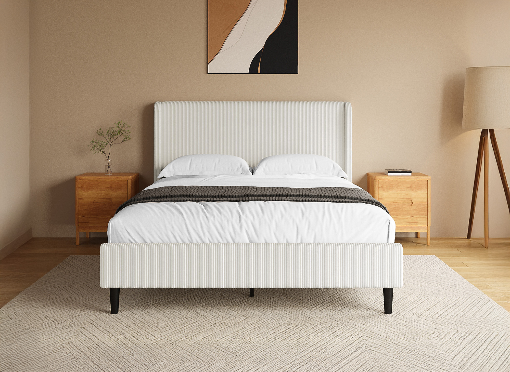 Lit double en velours côtelé épais beige 140x190cm LEVY