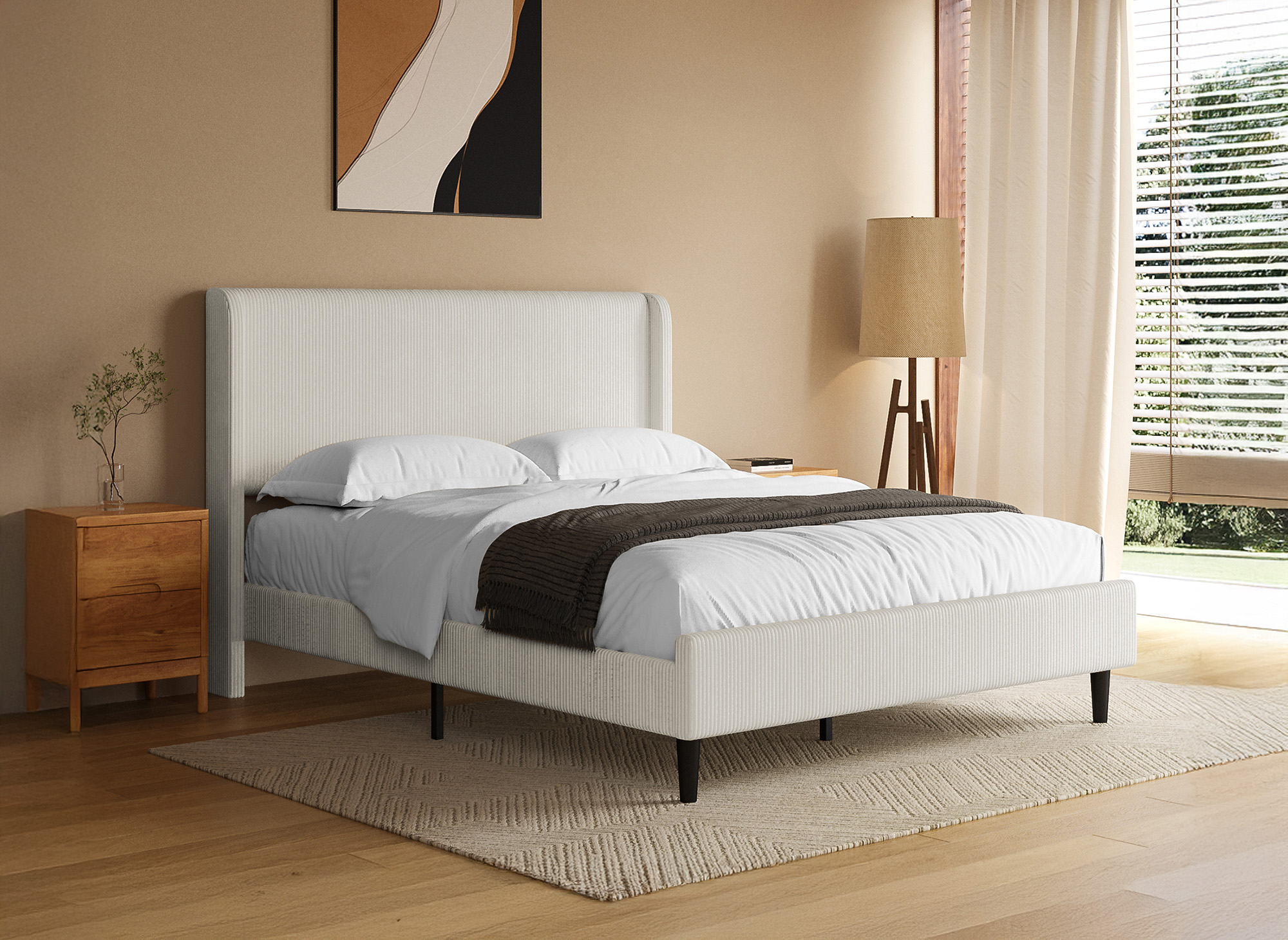 Lit double en velours côtelé épais beige 140x190cm LEVY