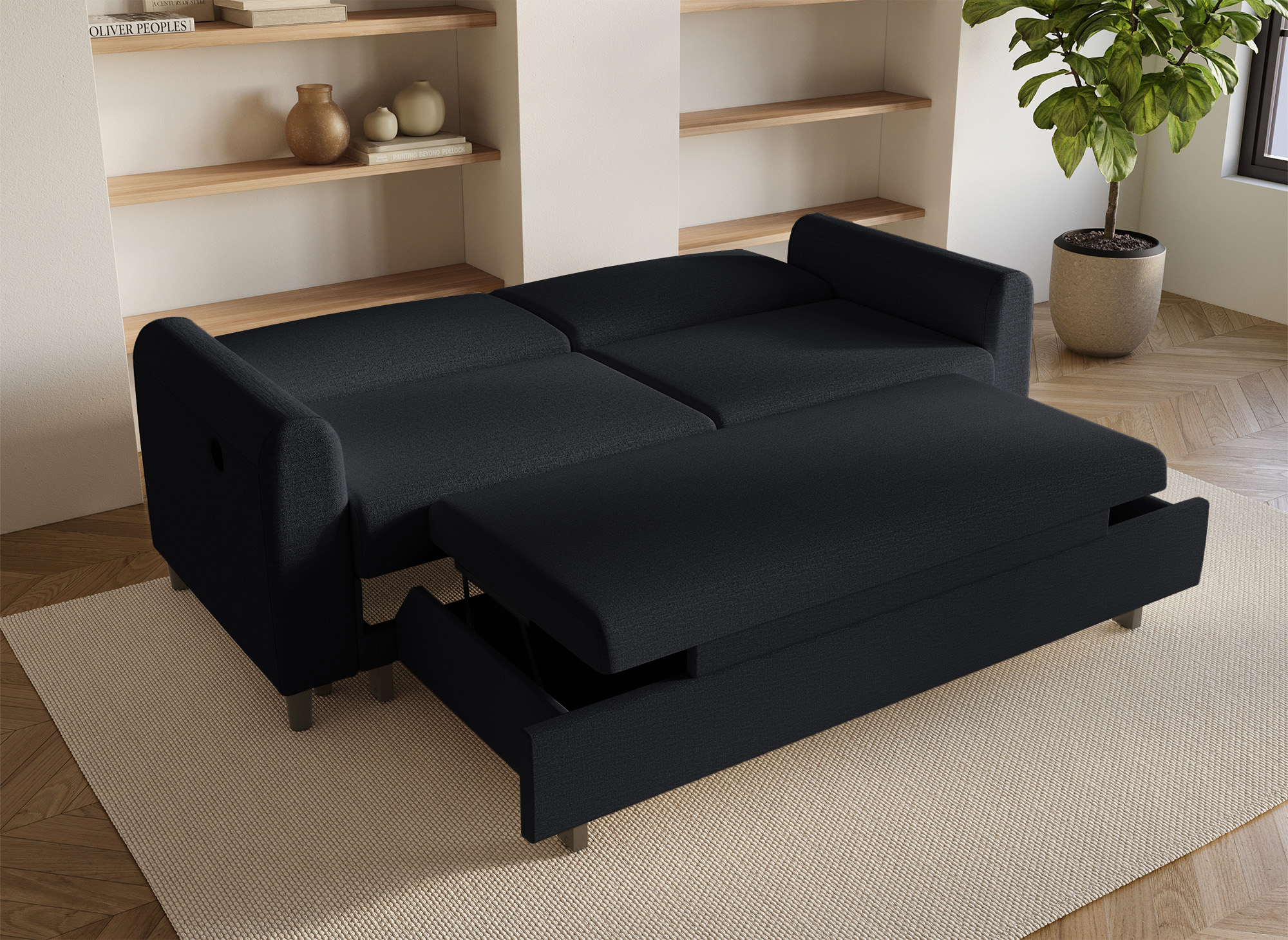 Canapé convertible 3 places en tissu lin noir ROSS