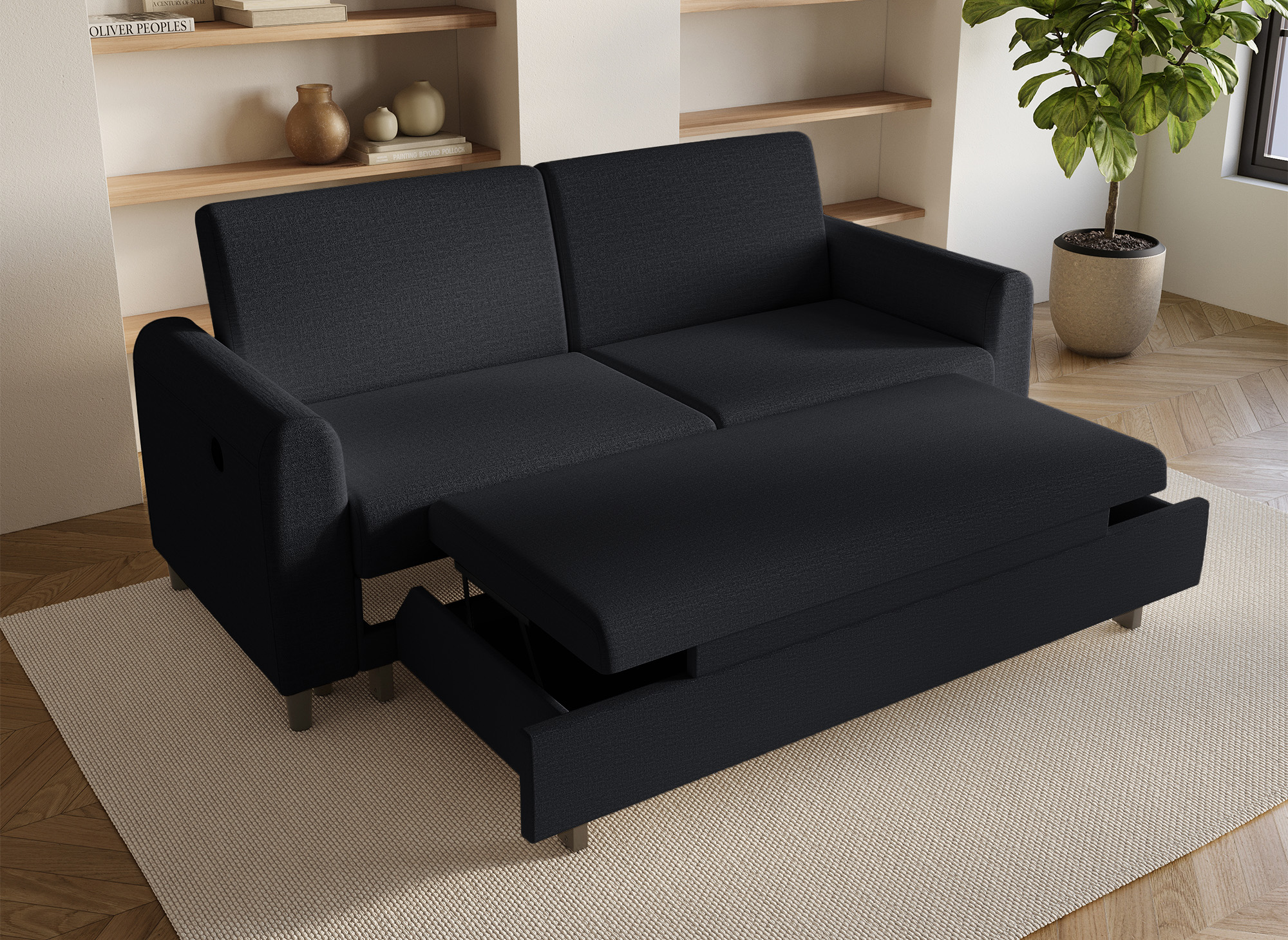 Canapé convertible 3 places en tissu lin noir ROSS