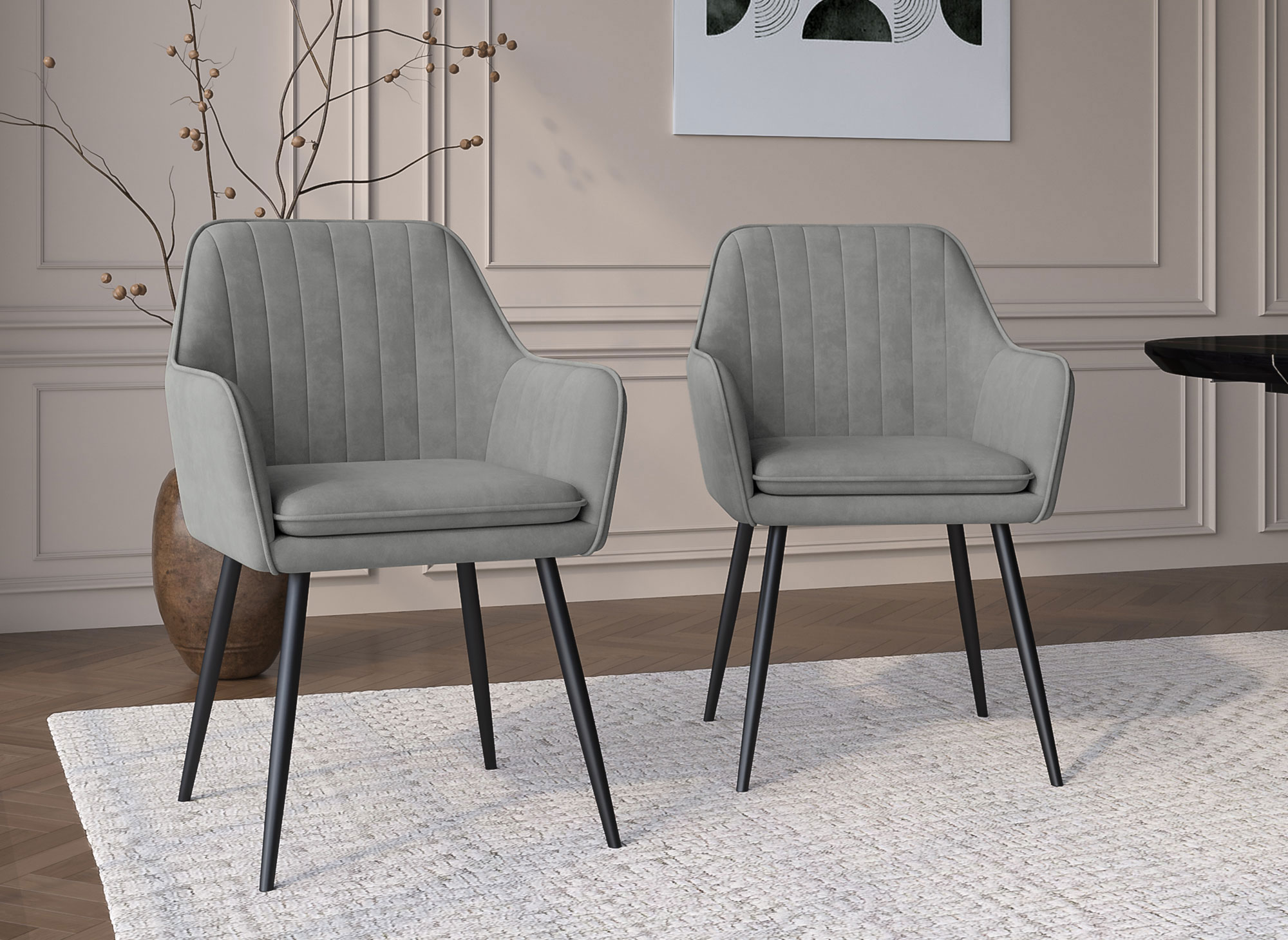 Lot de 2 chaises avec accoudoirs en velours gris pieds noirs EDWIGE