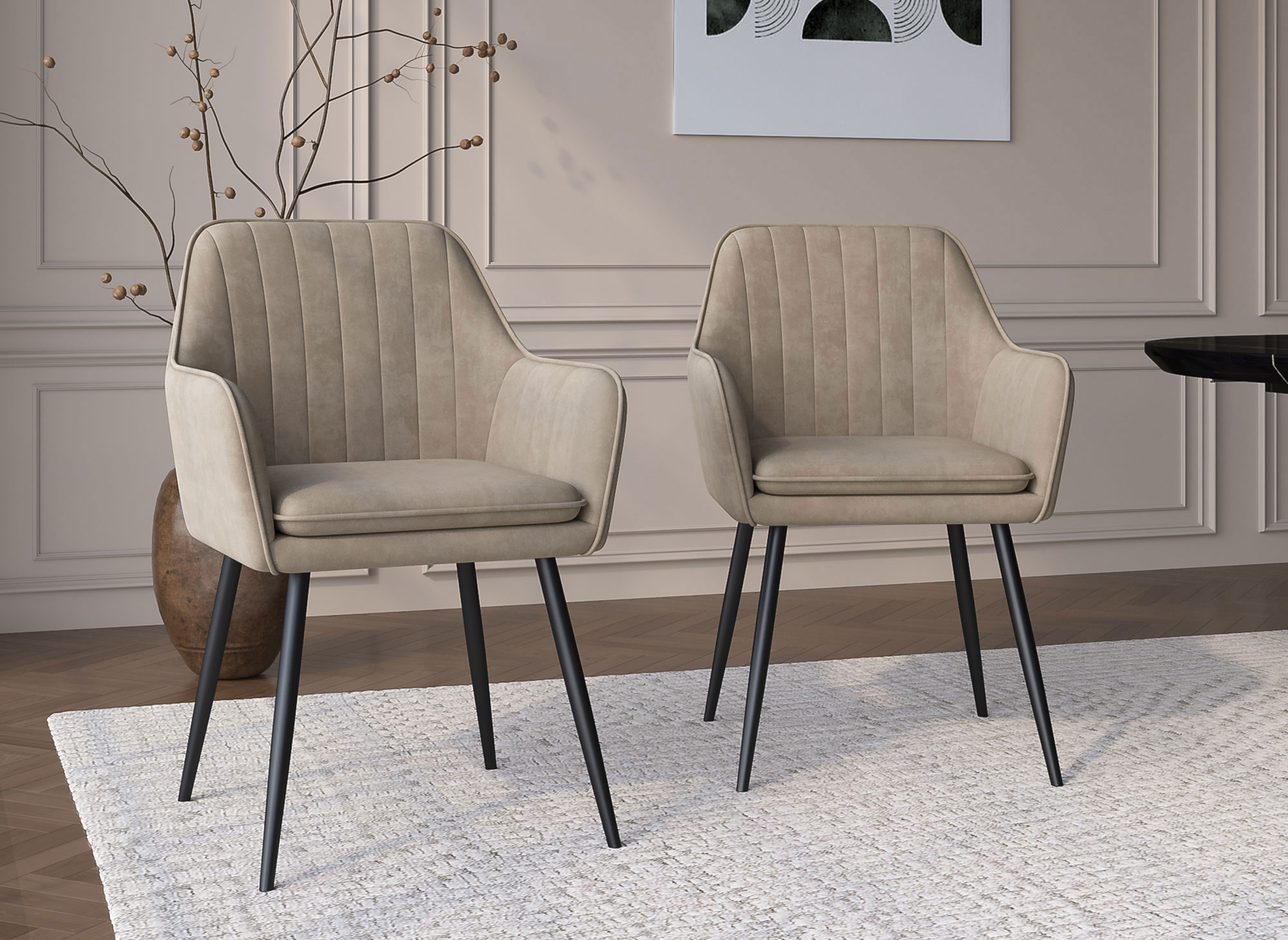 Lot de 2 chaises avec accoudoirs en velours beige pieds noirs EDWIGE