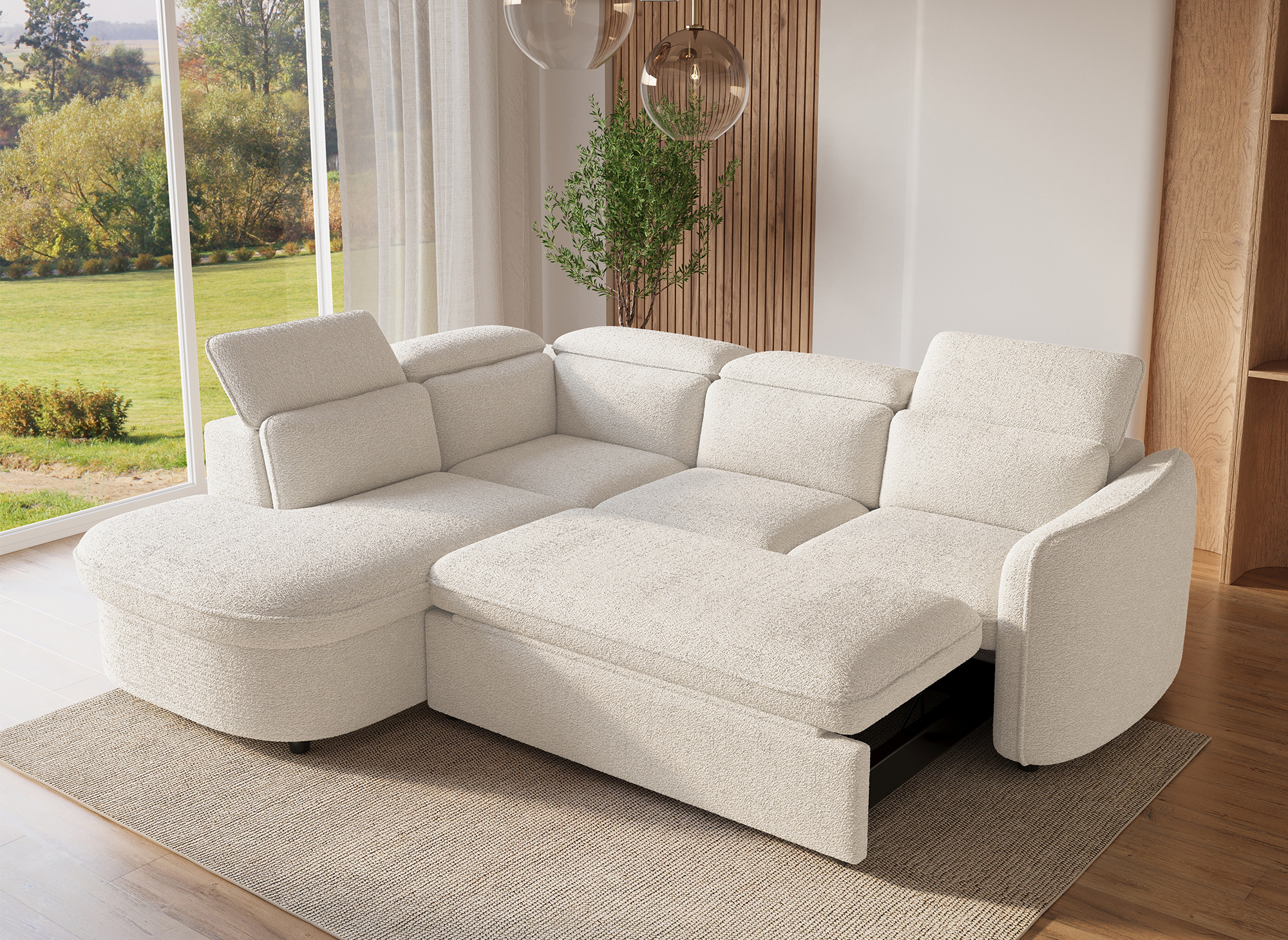 Canapé d'angle convertible avec coffre de rangement en tissu bouclette écru BAYA - angle gauche