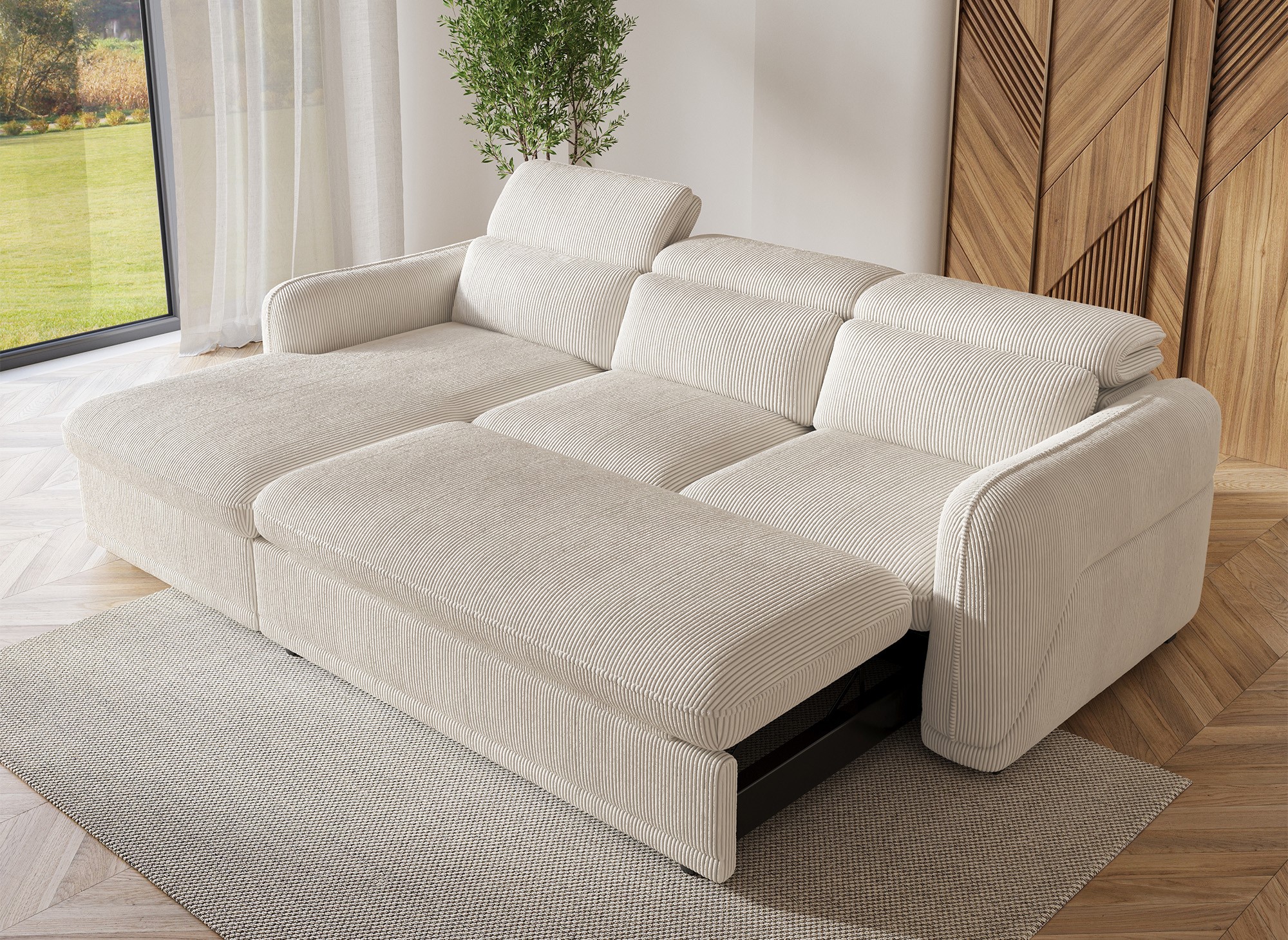 Canapé d'angle gauche convertible avec coffre en velours côtelé épais beige PETUNIA - Angle gauche