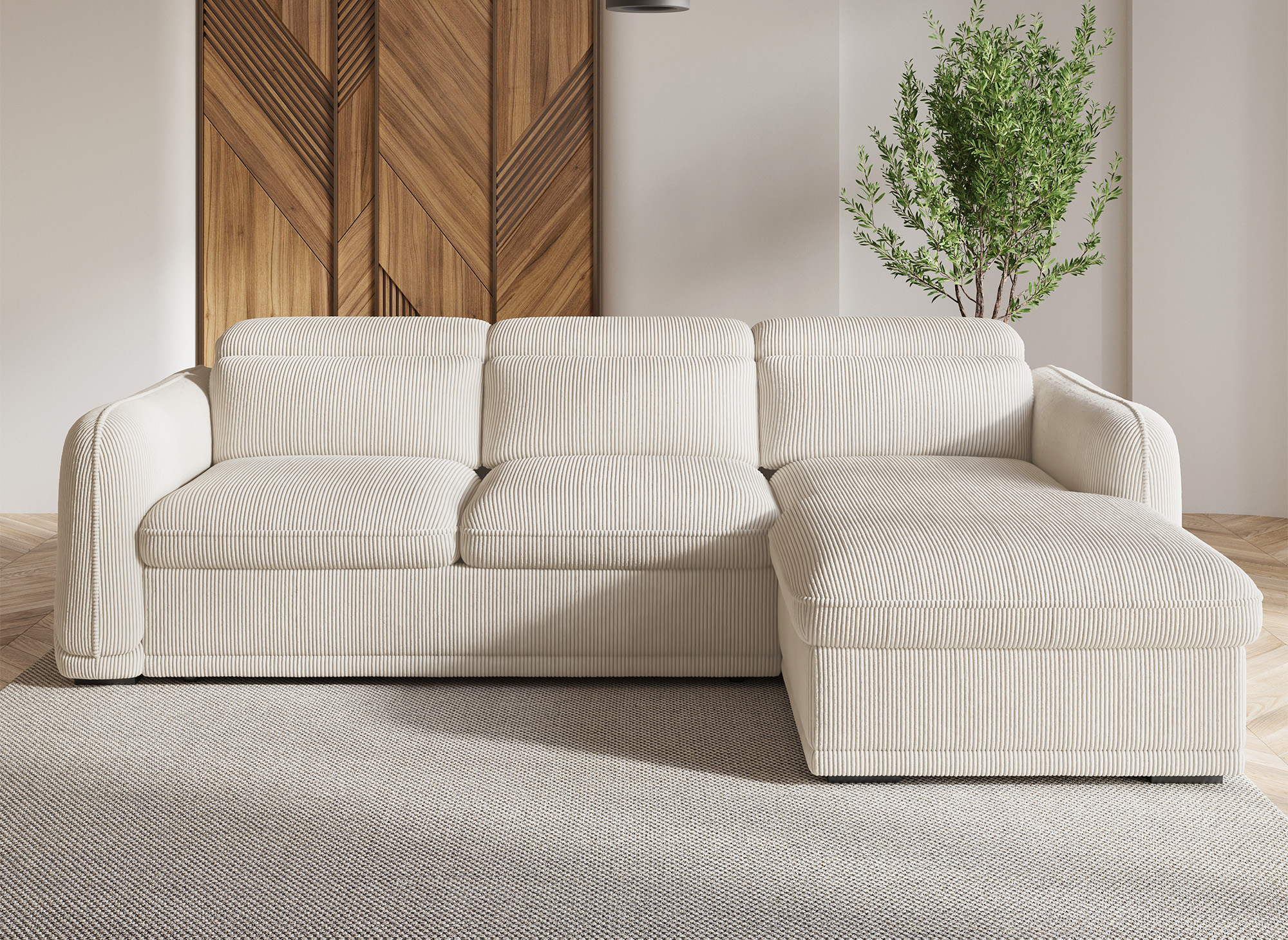 Canapé d'angle droit convertible avec coffre en velours côtelé épais beige PETUNIA - Angle droit