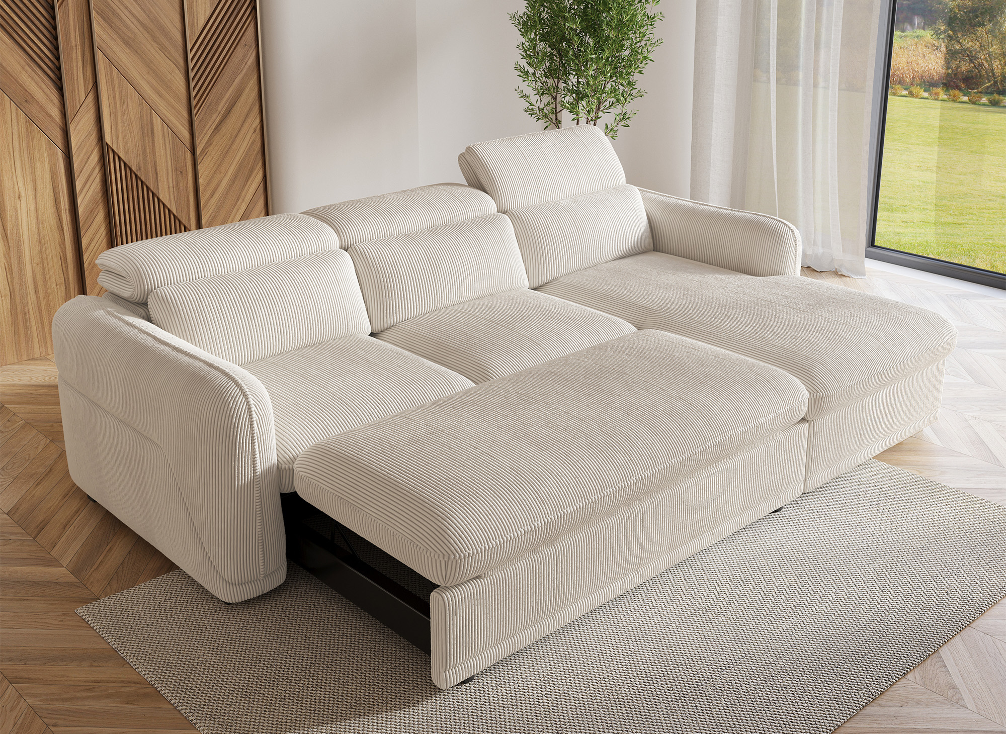 Canapé d'angle droit convertible avec coffre en velours côtelé épais beige PETUNIA - Angle droit