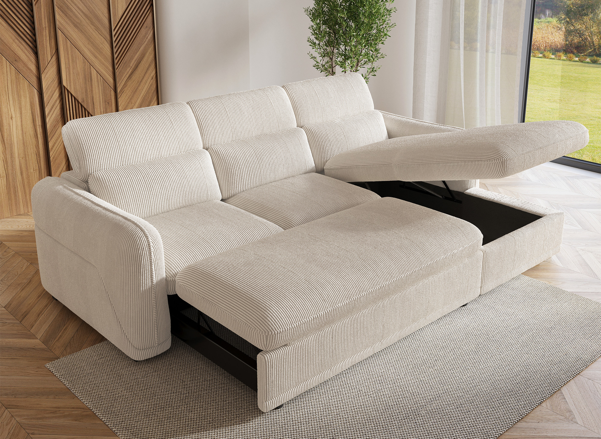 Canapé d'angle droit convertible avec coffre en velours côtelé épais beige PETUNIA - Angle droit