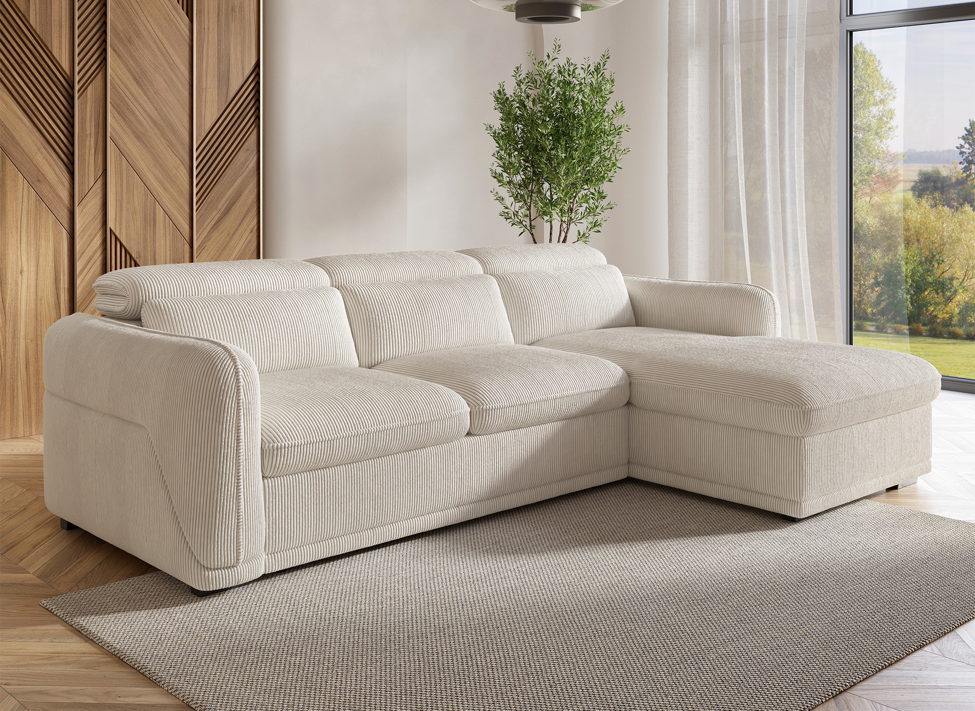 Canapé d'angle droit convertible avec coffre en velours côtelé épais beige PETUNIA - Angle droit