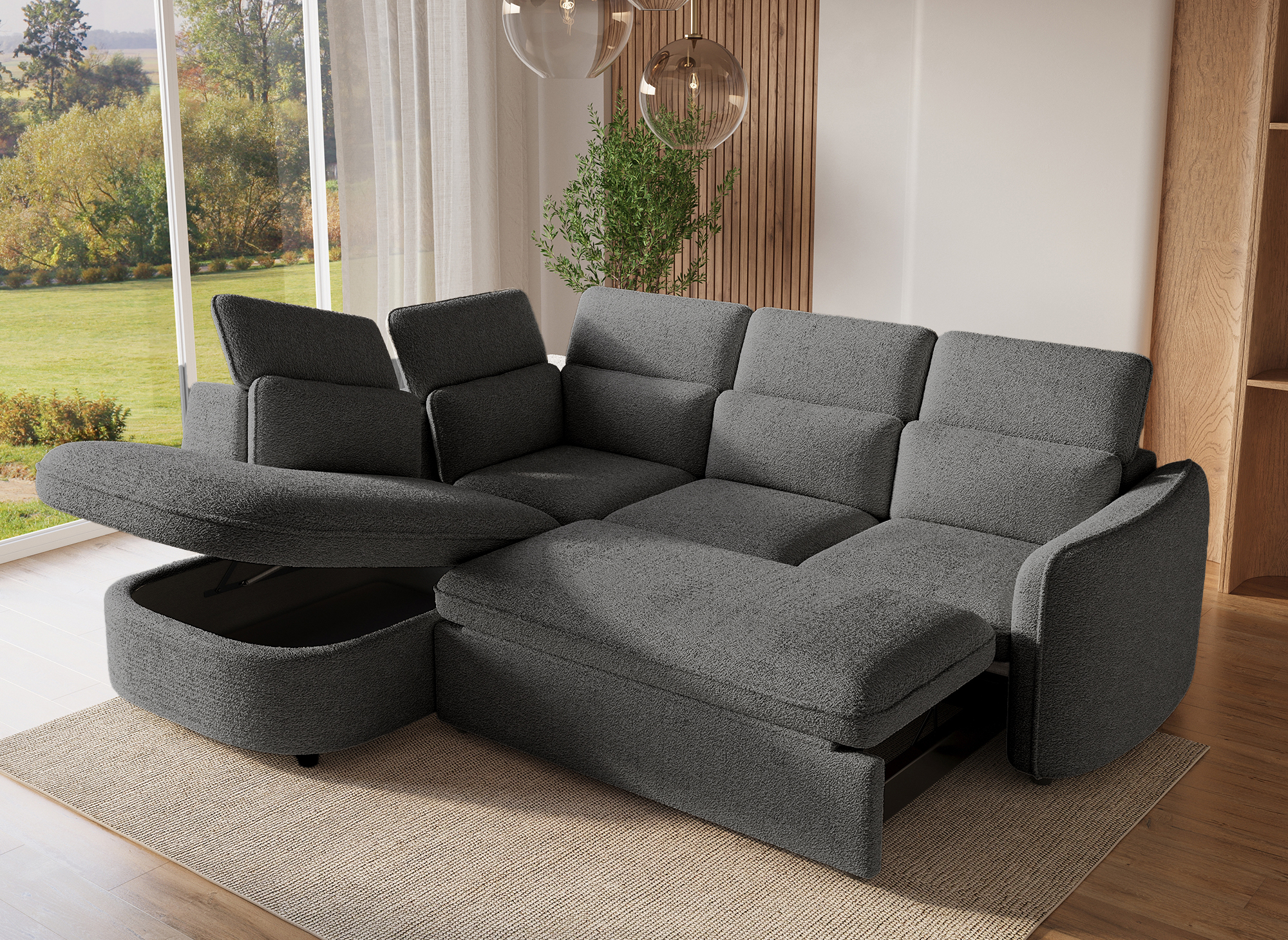 Canapé d'angle convertible avec coffre de rangement en tissu bouclette gris BAYA - angle gauche