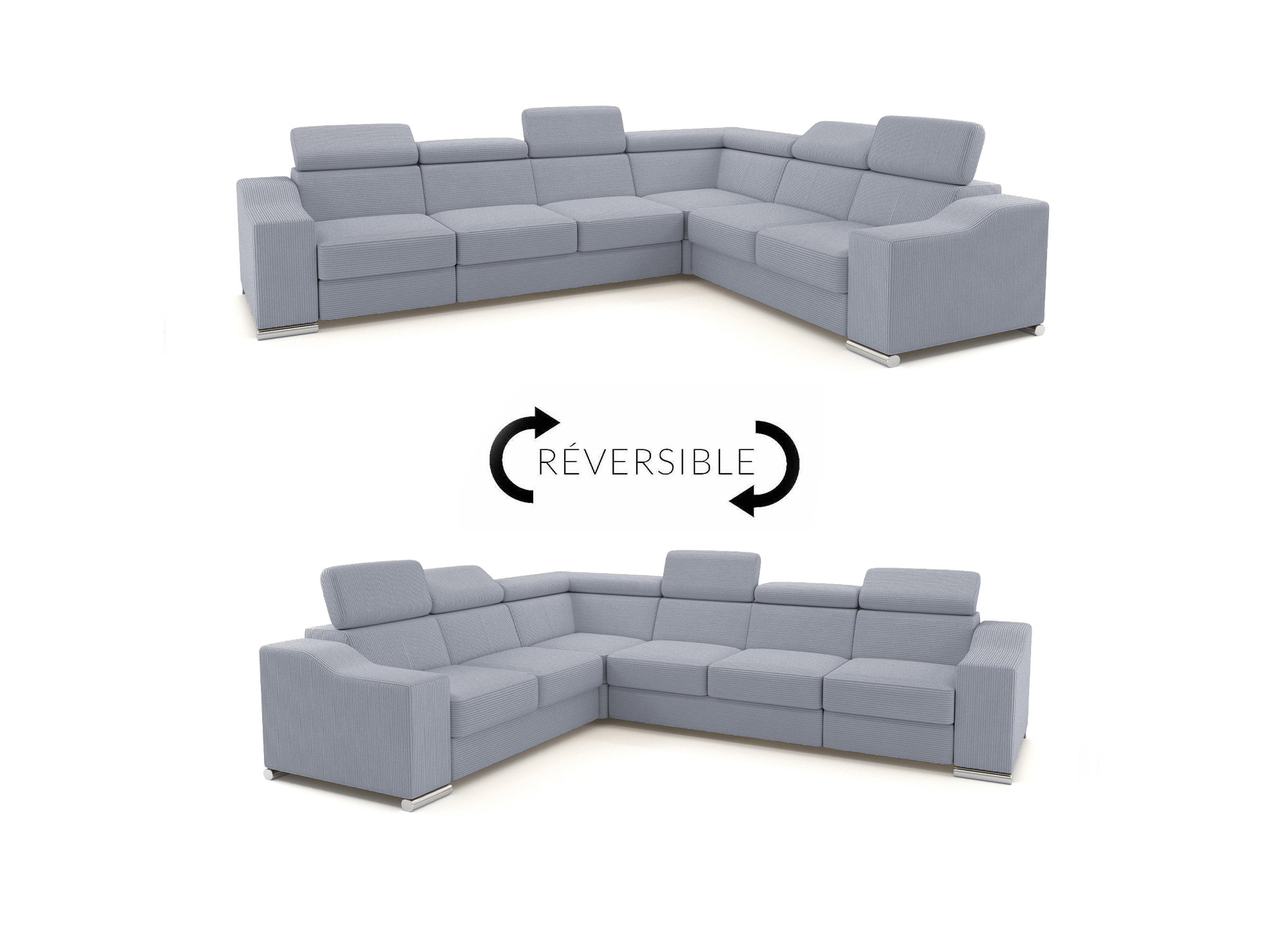 Canapé d’angle convertible réversible en velours côtelé gris clair LEONIE
