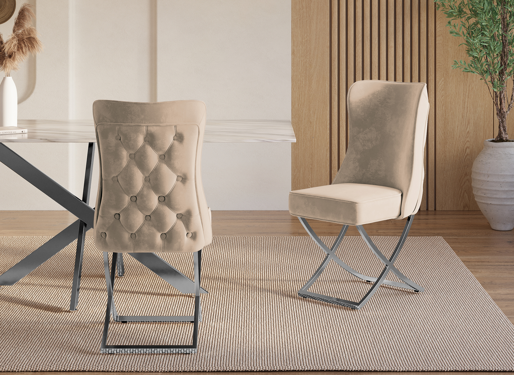 Lot de 2 chaises en velours beige pieds en métal argenté ETHAN