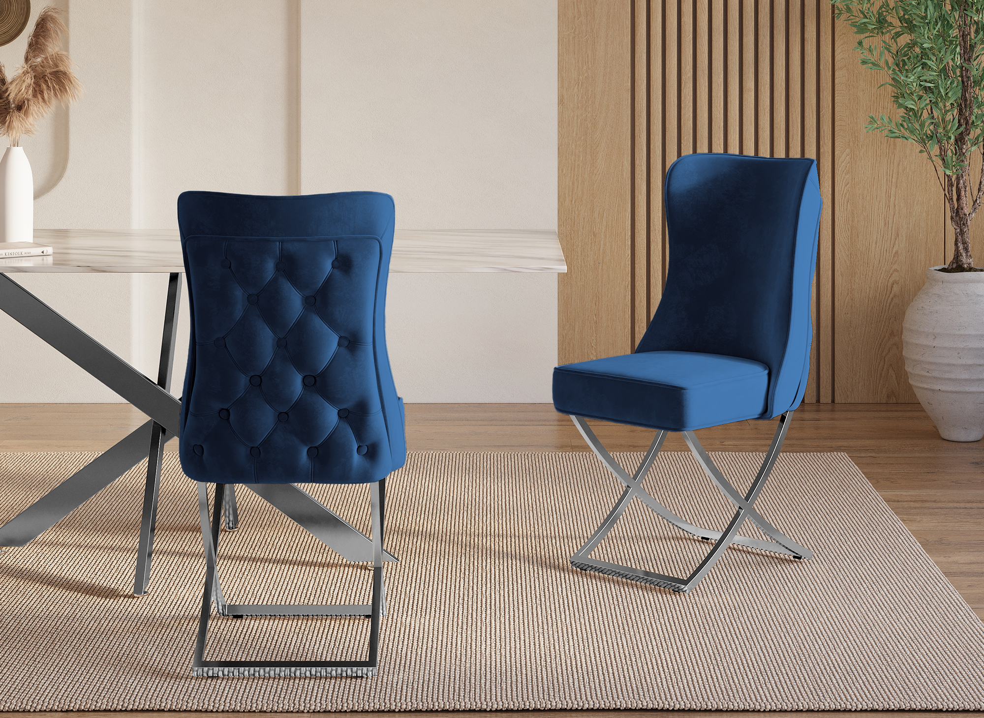 Lot de 2 chaises en velours bleu pieds en métal argenté  ETHAN