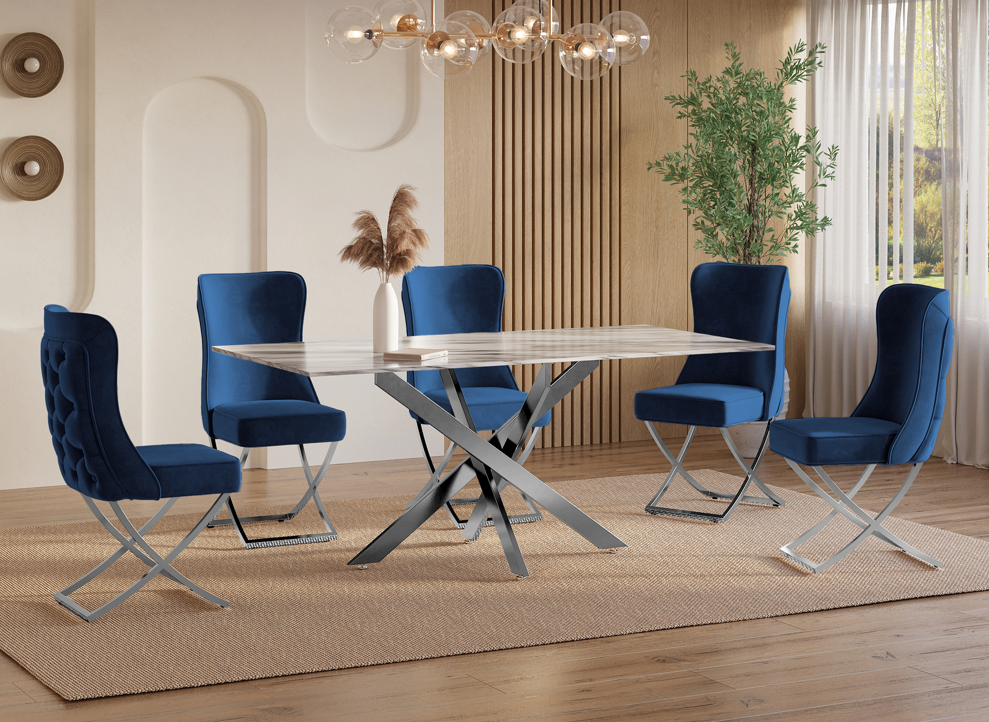 Lot de 2 chaises en velours bleu pieds en métal argenté  ETHAN