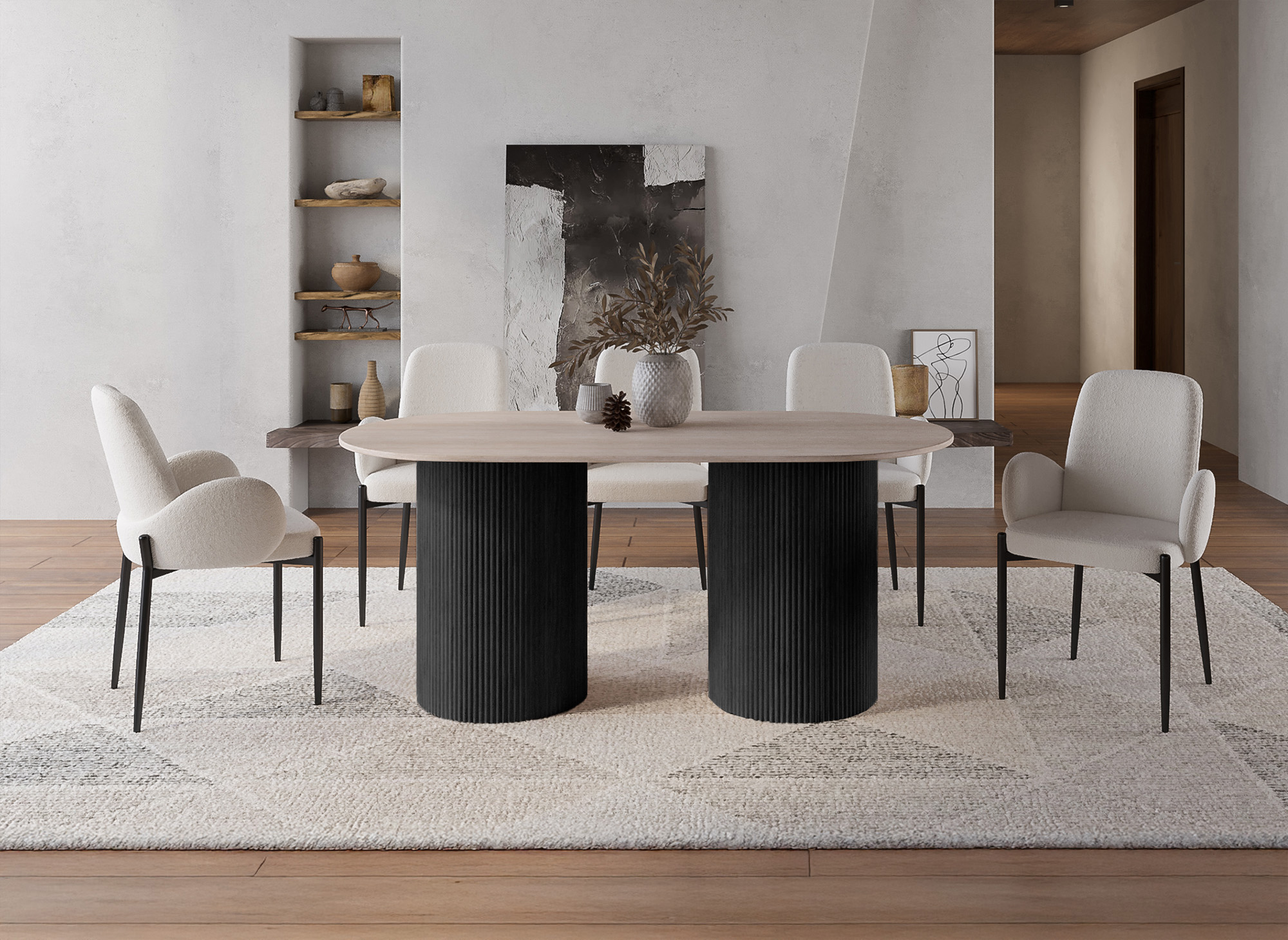 Table à manger en marbre composite beige pieds noir 6 personnes DHARA BLACK