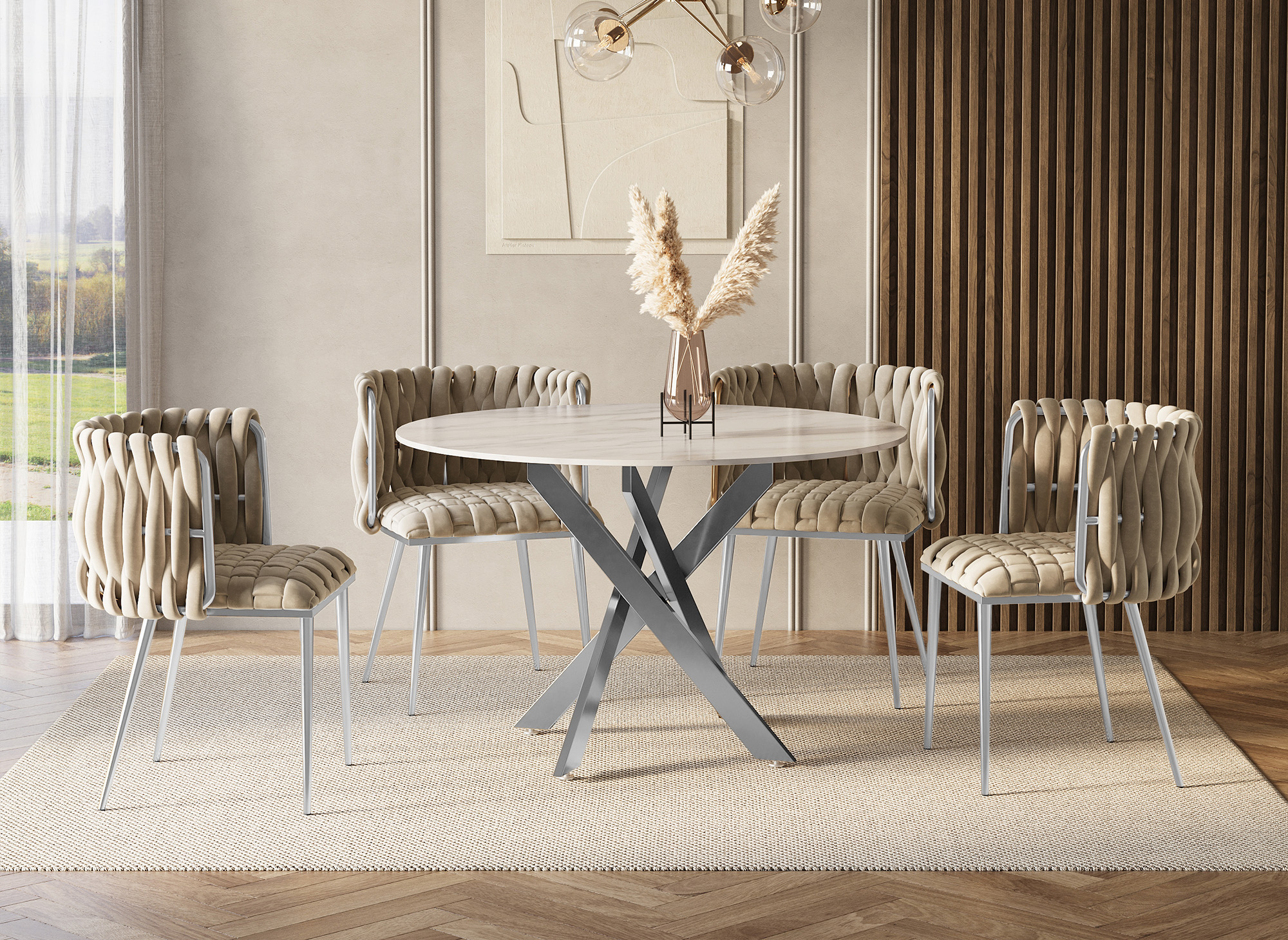 Lot de 2 chaises en velours beige pieds en métal argenté POLO