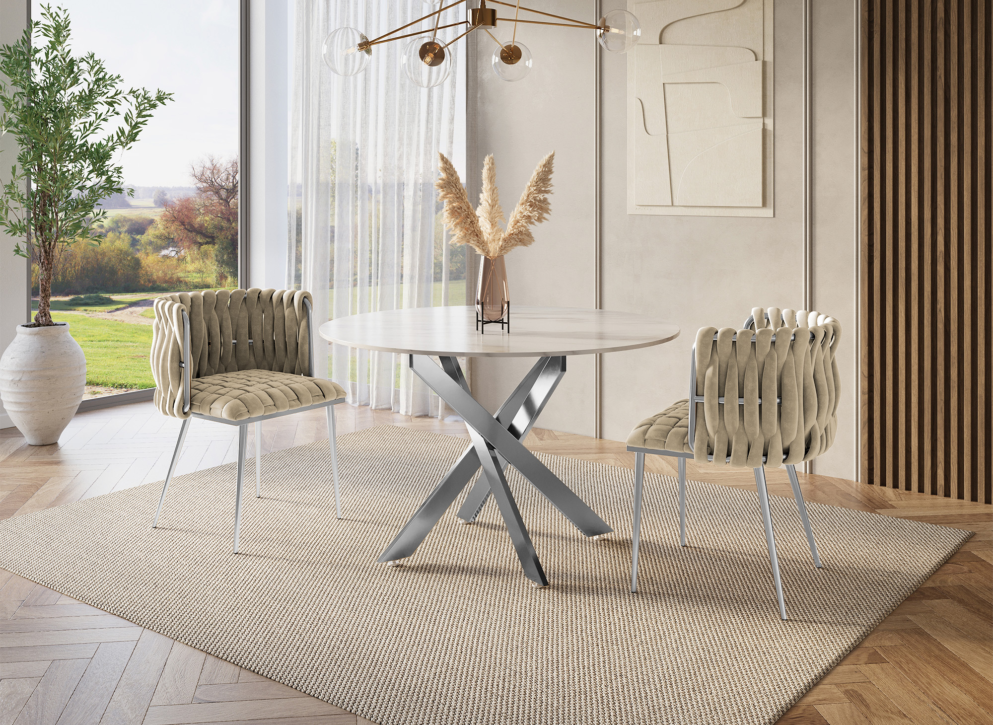 Lot de 2 chaises en velours beige pieds en métal argenté POLO