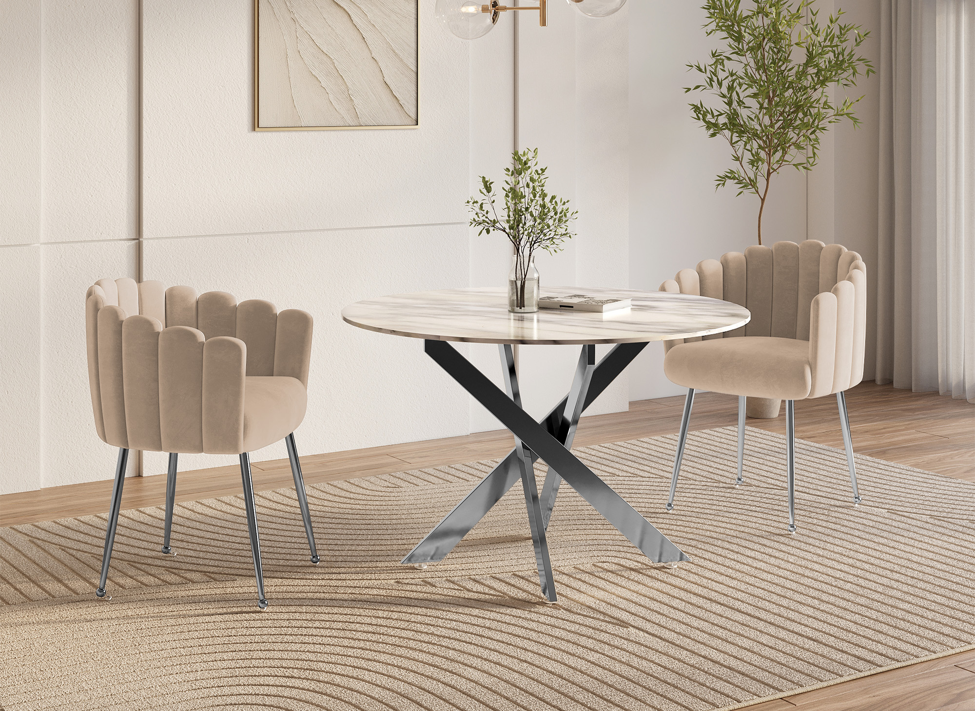 Chaise en velours beige pieds en métal argenté HAYDEN
