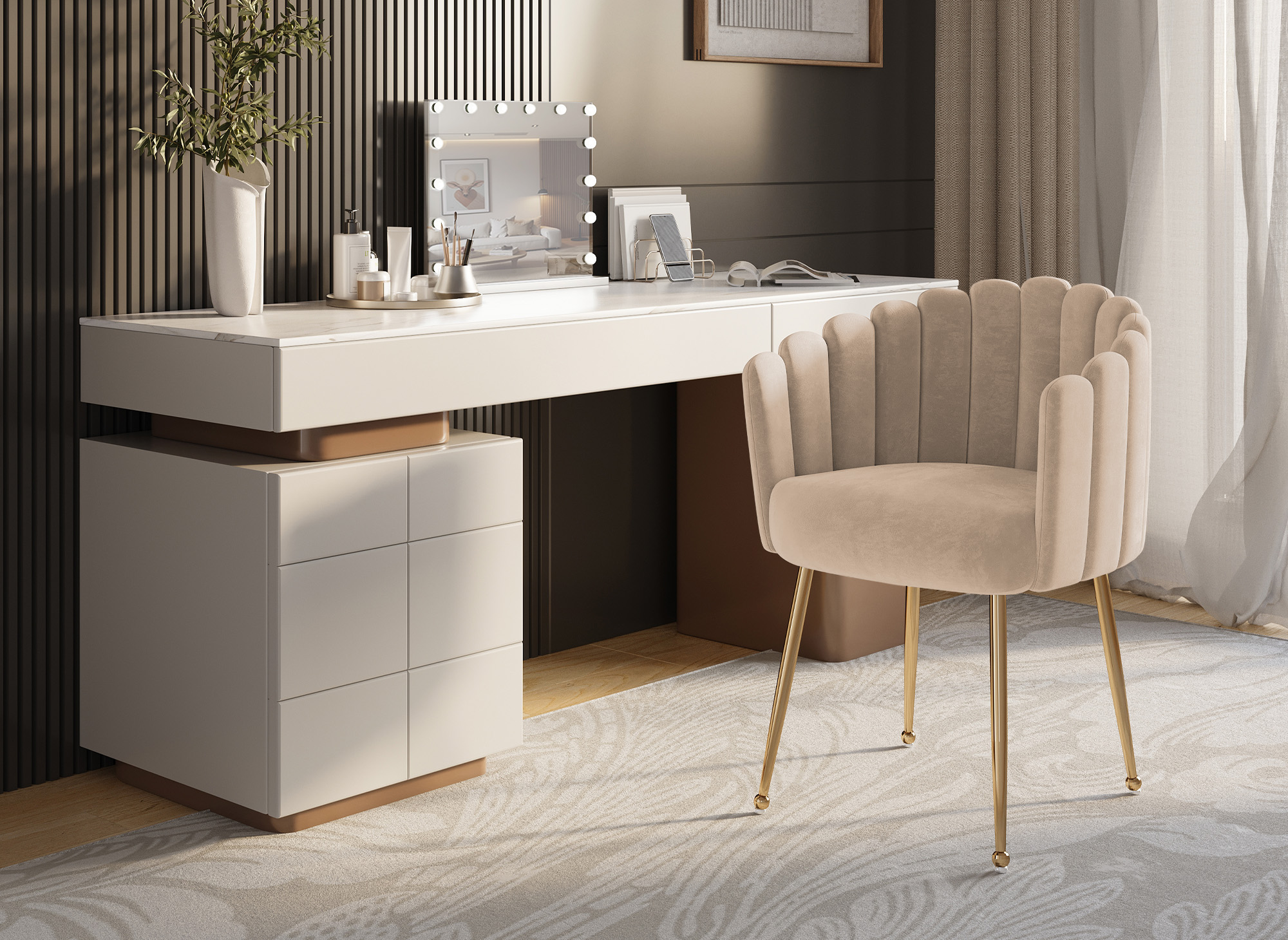 Chaise en velours beige pieds en métal doré HAYDEN