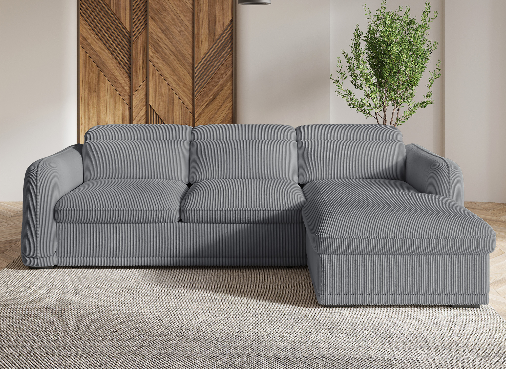 Canapé d'angle droit convertible avec coffre en velours côtelé épais gris PETUNIA - Angle droit