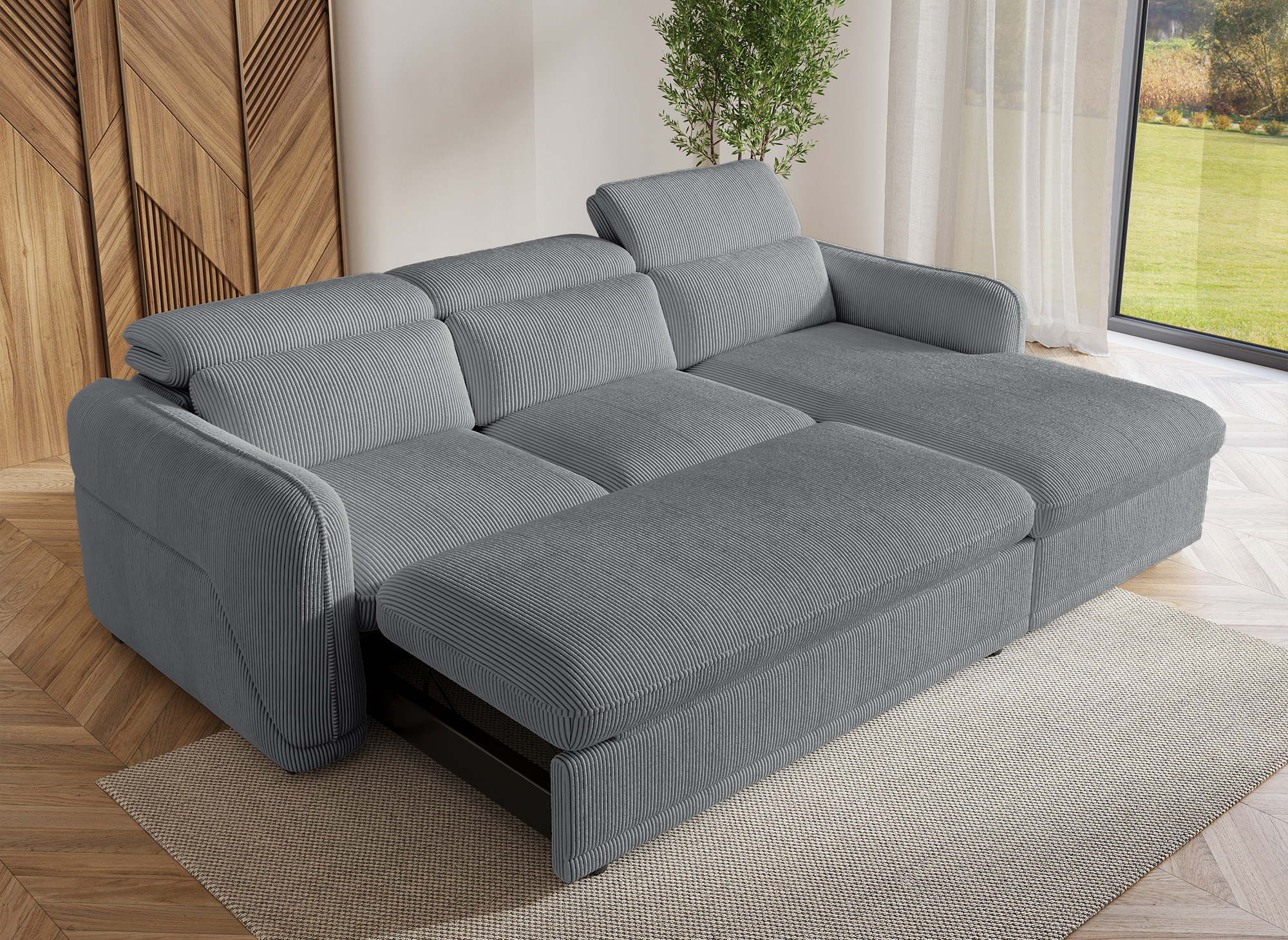 Canapé d'angle droit convertible avec coffre en velours côtelé épais gris PETUNIA - Angle droit