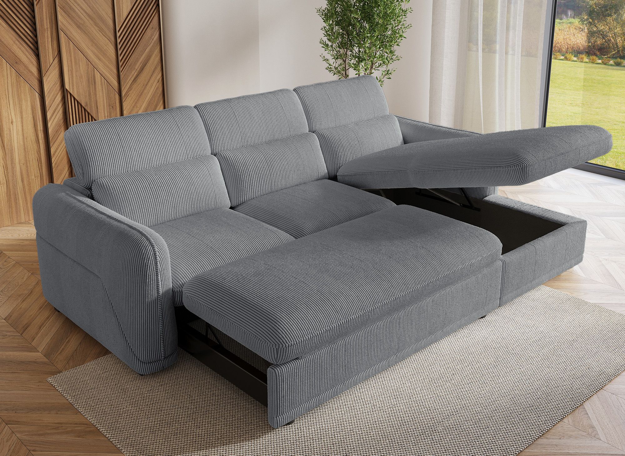 Canapé d'angle droit convertible avec coffre en velours côtelé épais gris PETUNIA - Angle droit
