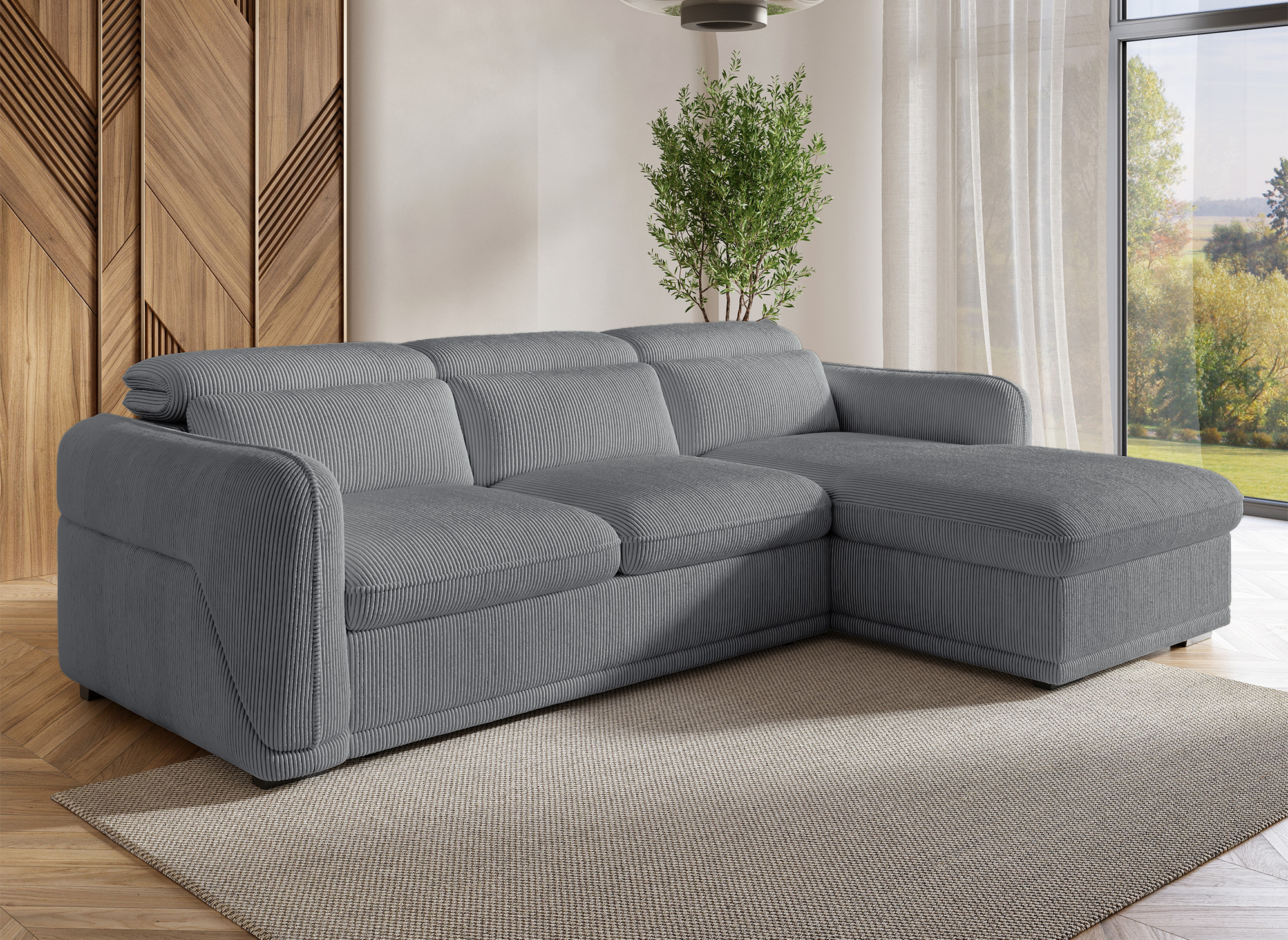 Canapé d'angle droit convertible avec coffre en velours côtelé épais gris PETUNIA - Angle droit