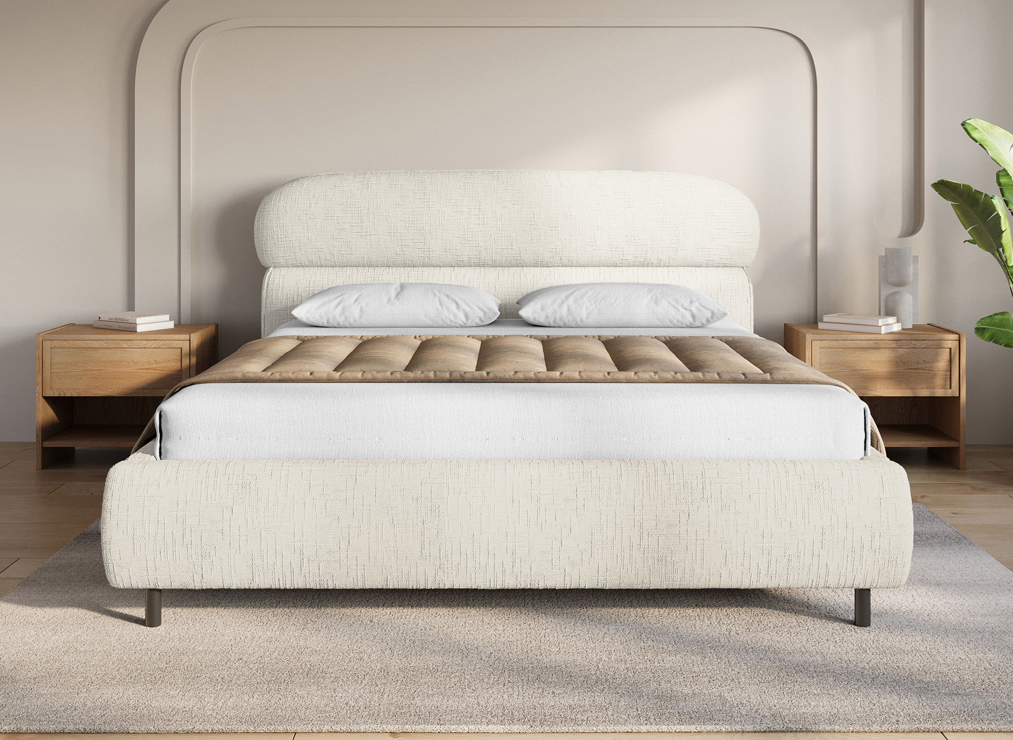 Lit coffre en velours chiné beige 180x200cm MELO