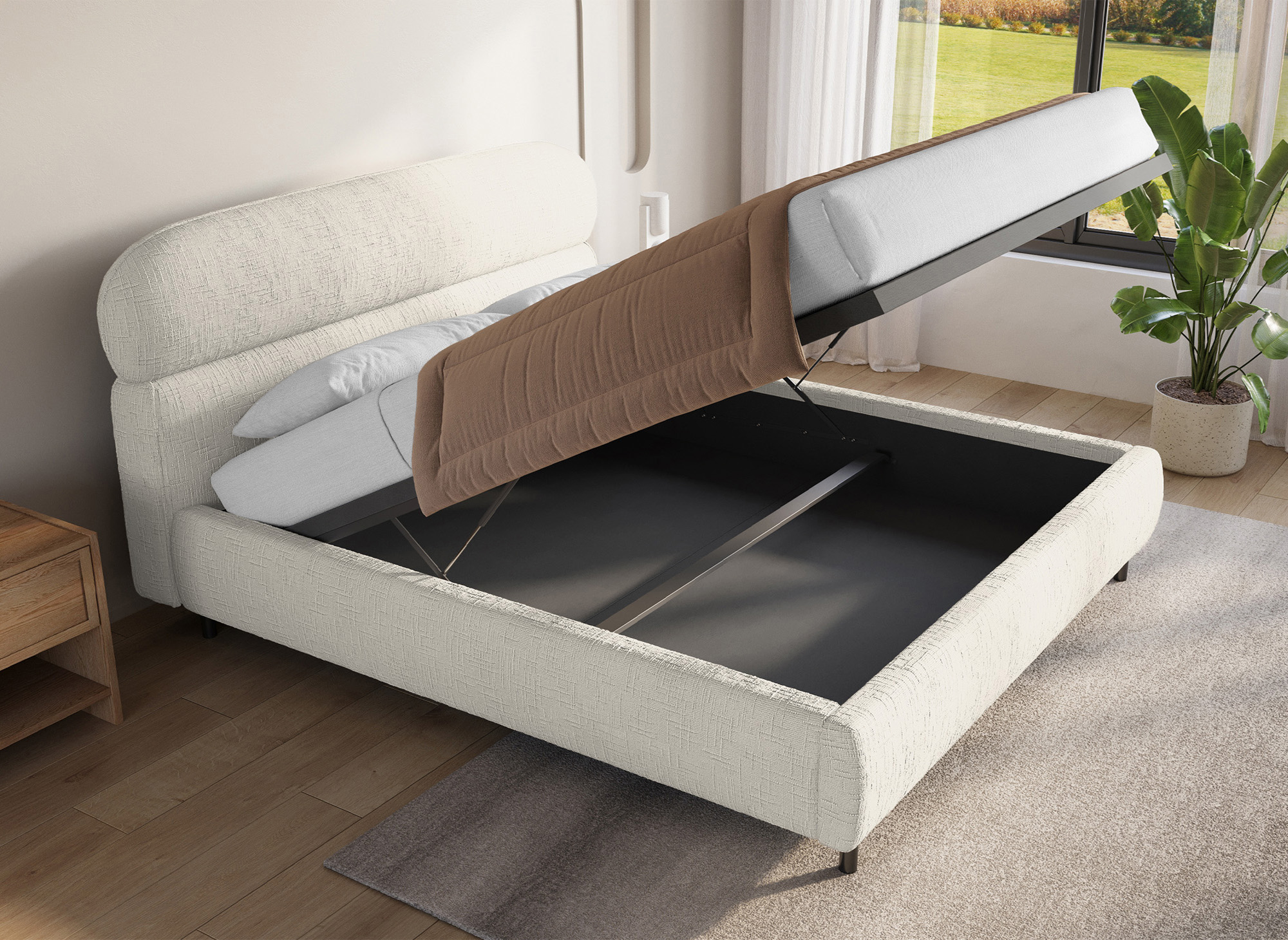 Lit coffre en velours chiné beige 180x200cm MELO