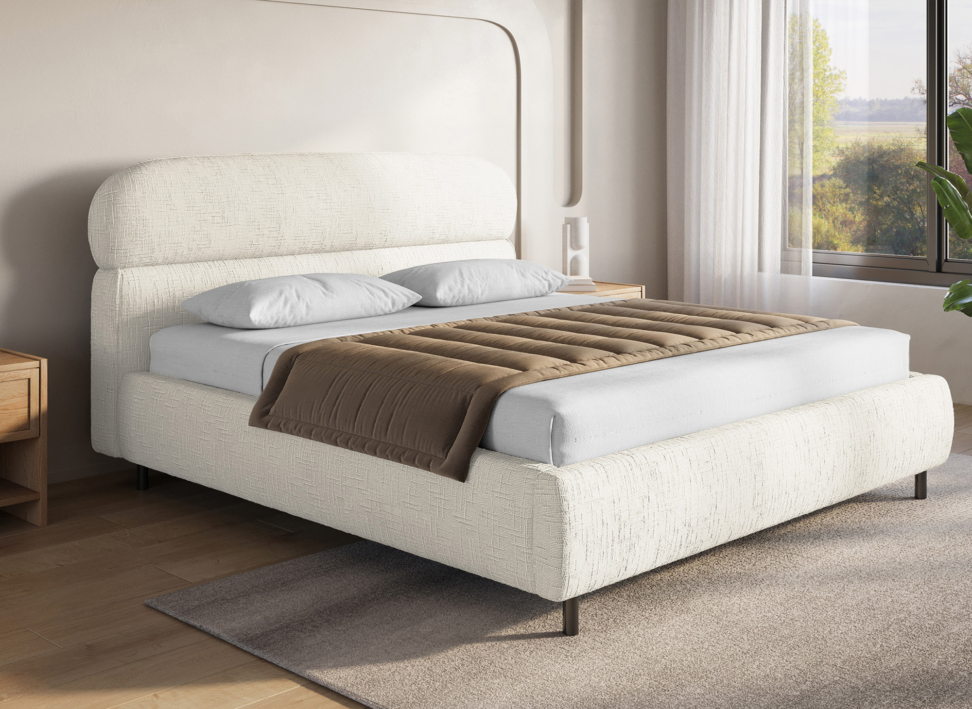 Lit coffre en velours chiné beige 180x200cm MELO