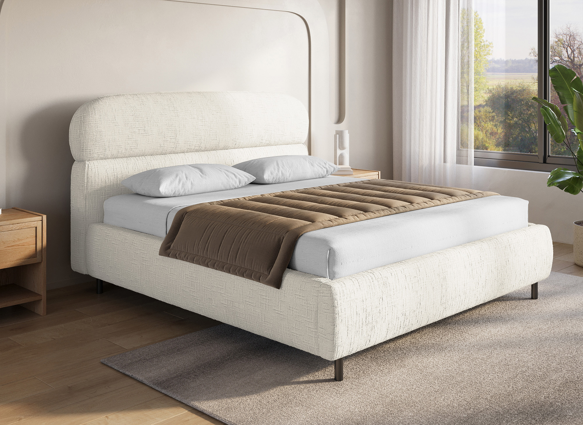 Lit coffre en velours chiné beige 160x200cm MELO