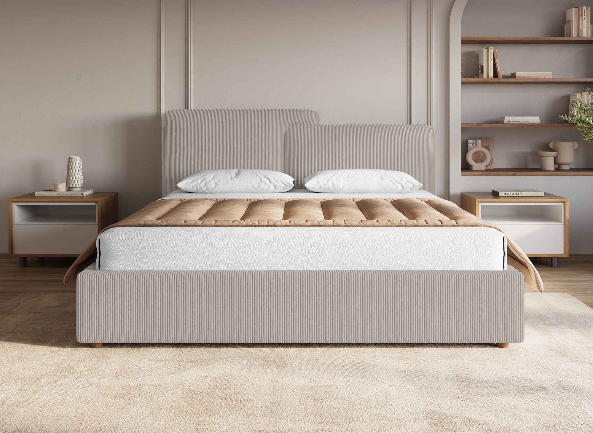Lit coffre en velours côtelé taupe 160x200 cm ZELIA