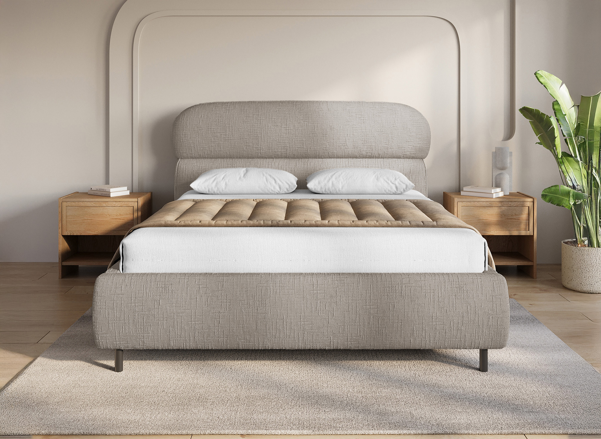 Lit coffre en velours chiné taupe 140x190cm MELO