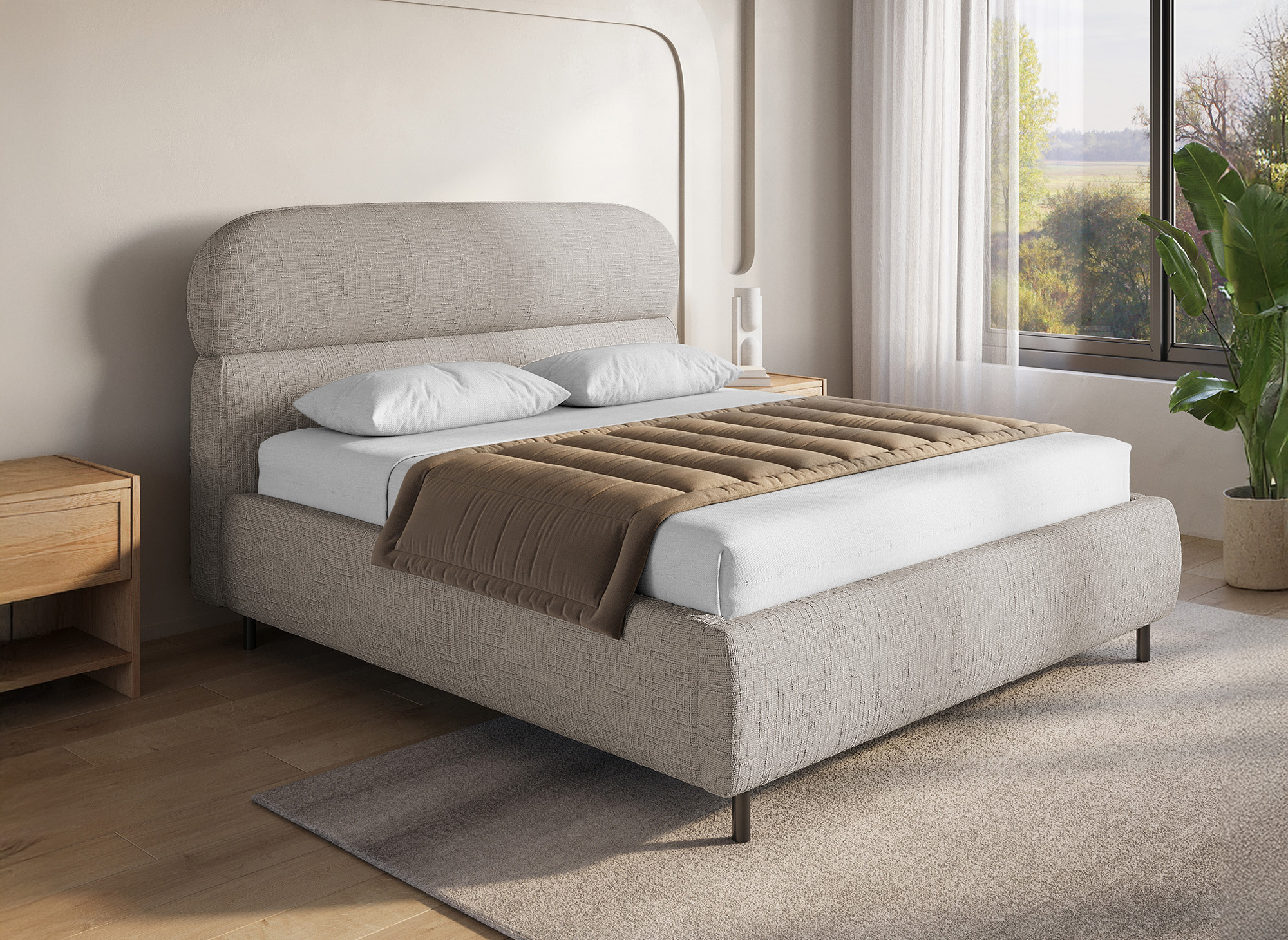 Lit coffre en velours chiné taupe 140x190cm MELO