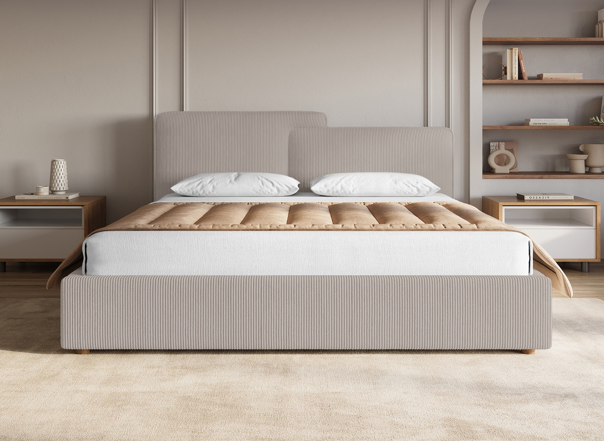 Lit coffre en velours côtelé taupe 180x200 cm ZELIA