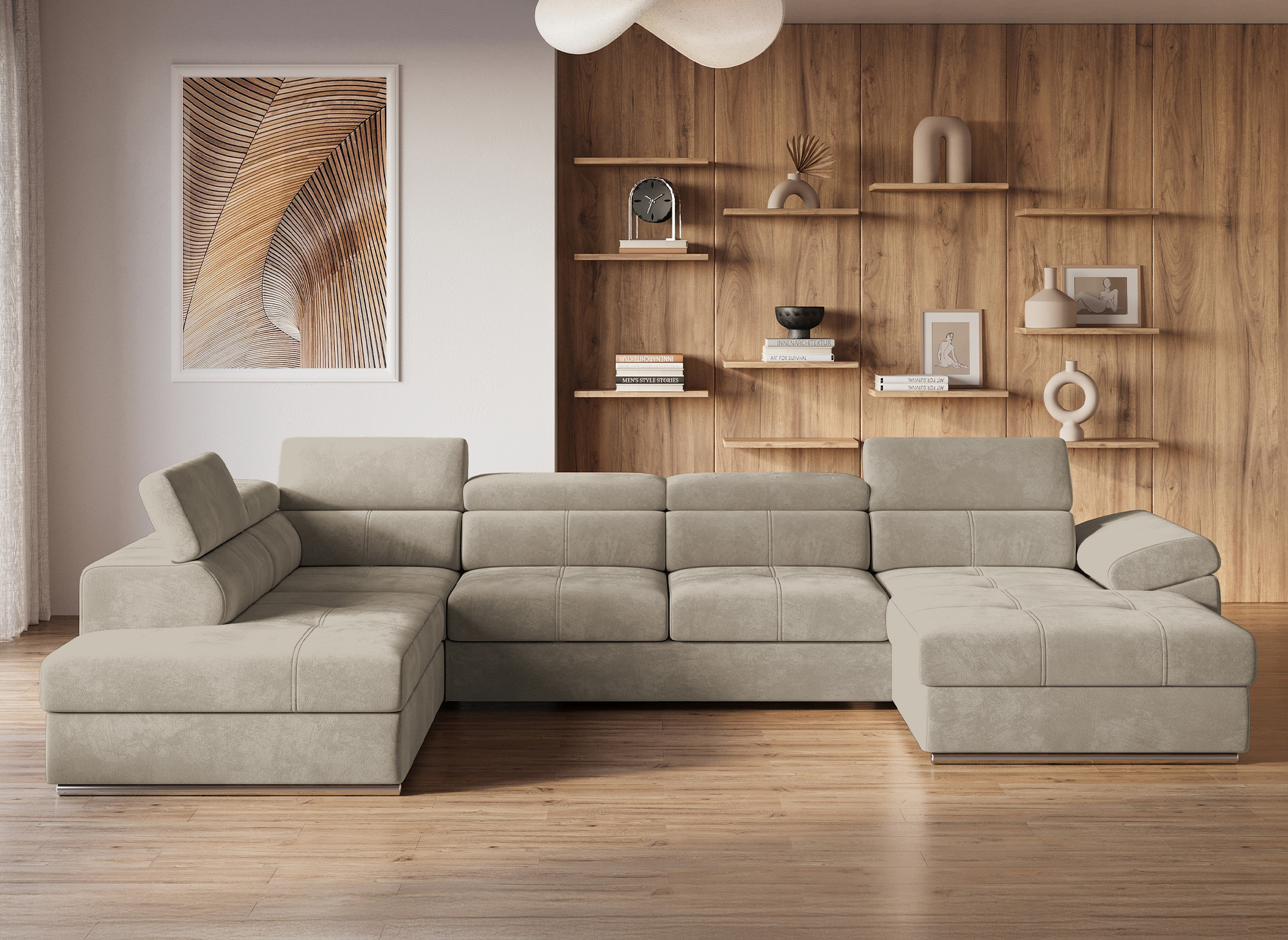 Canapé panoramique convertible avec coffre en velours taupe MARIANO- Angle droit