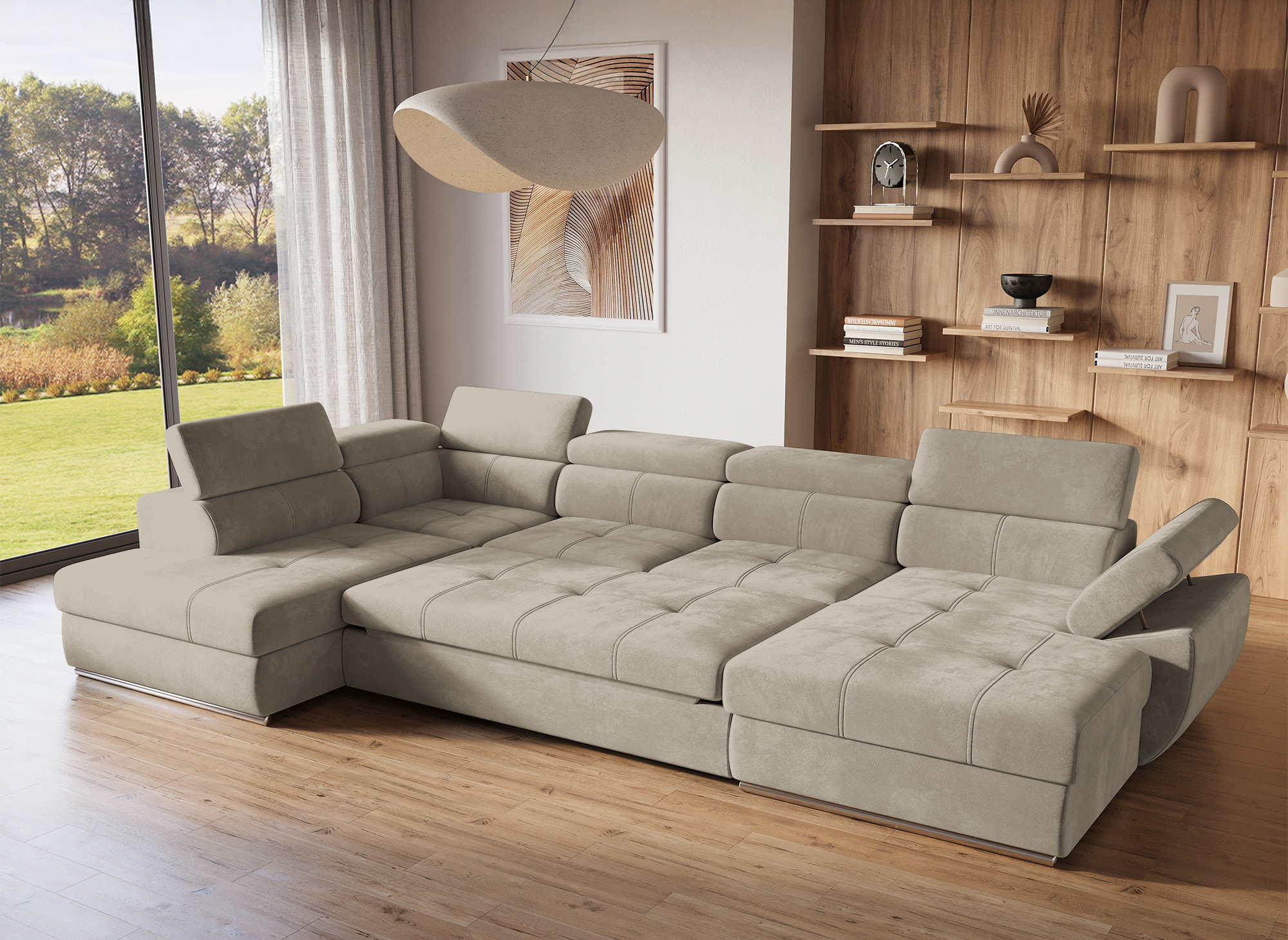 Canapé panoramique convertible avec coffre en velours taupe MARIANO- Angle droit