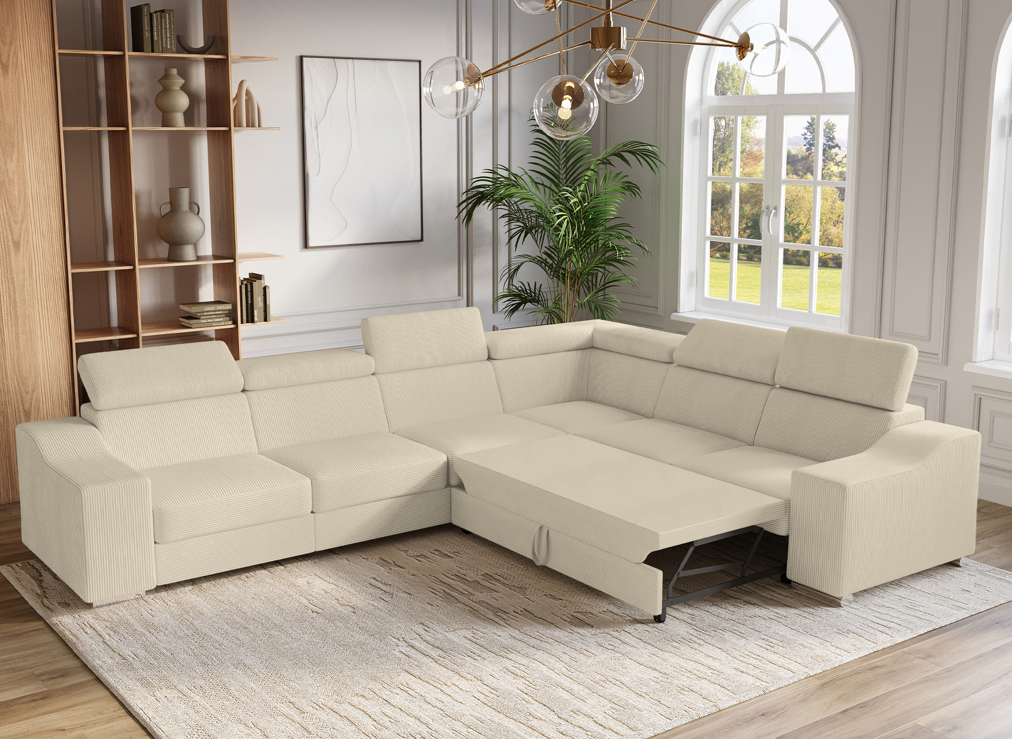 Canapé d’angle convertible réversible en velours côtelé beige LEONIE