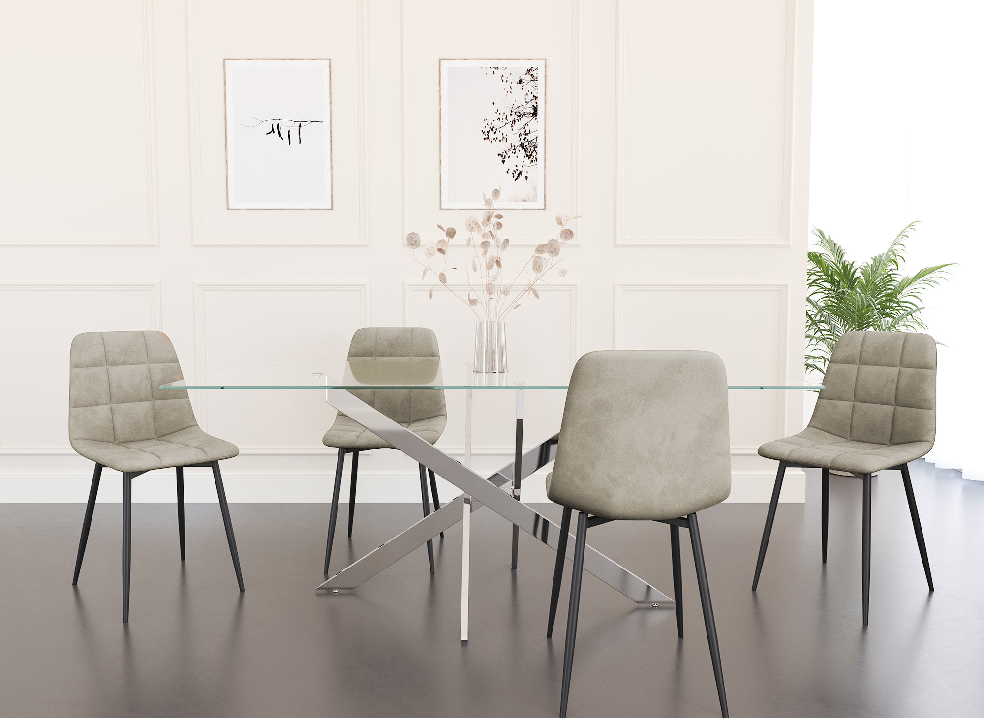Lot de 4 chaises en velours beige capitonné JEREMI
