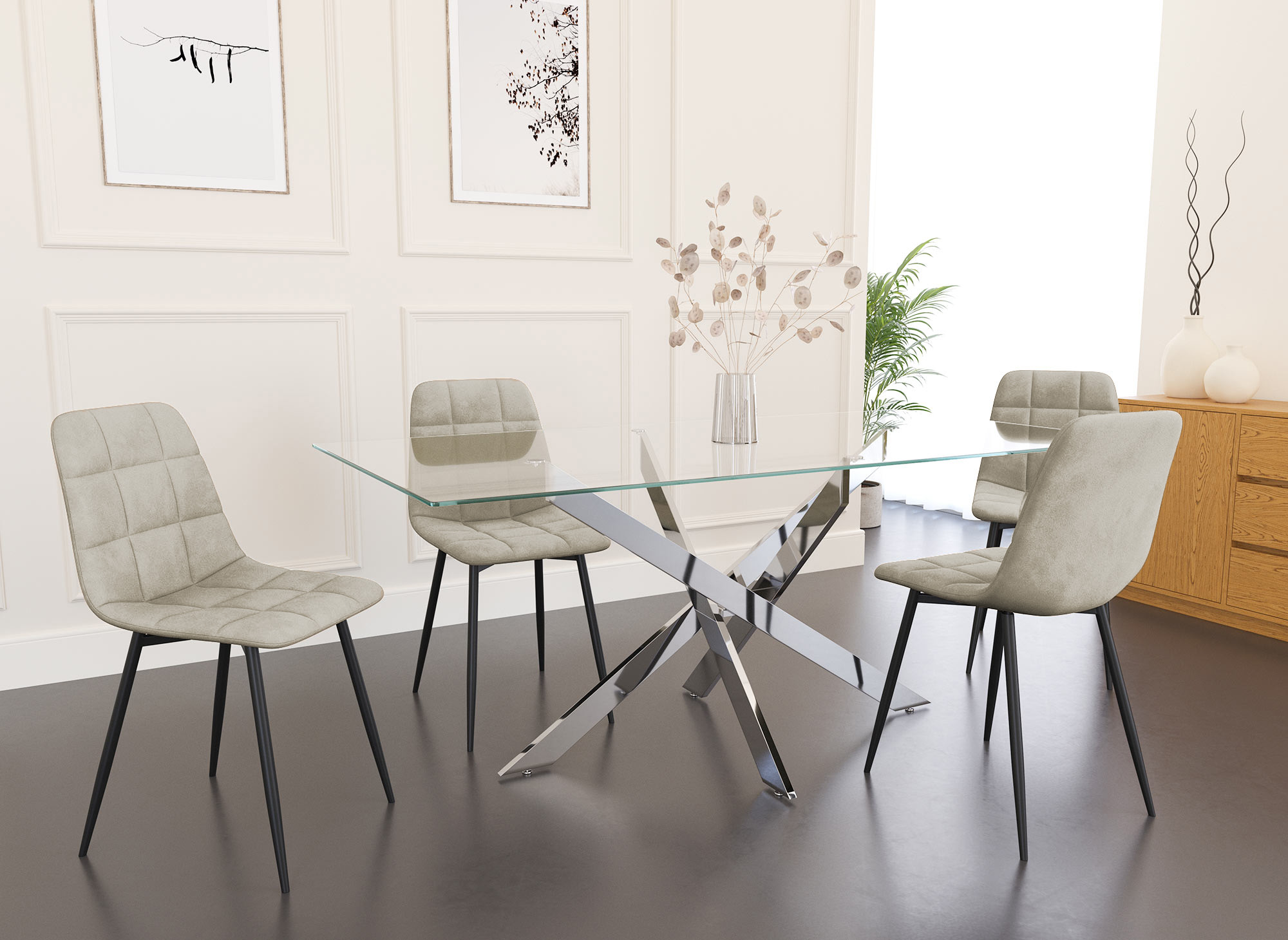 Lot de 4 chaises en velours beige capitonné JEREMI