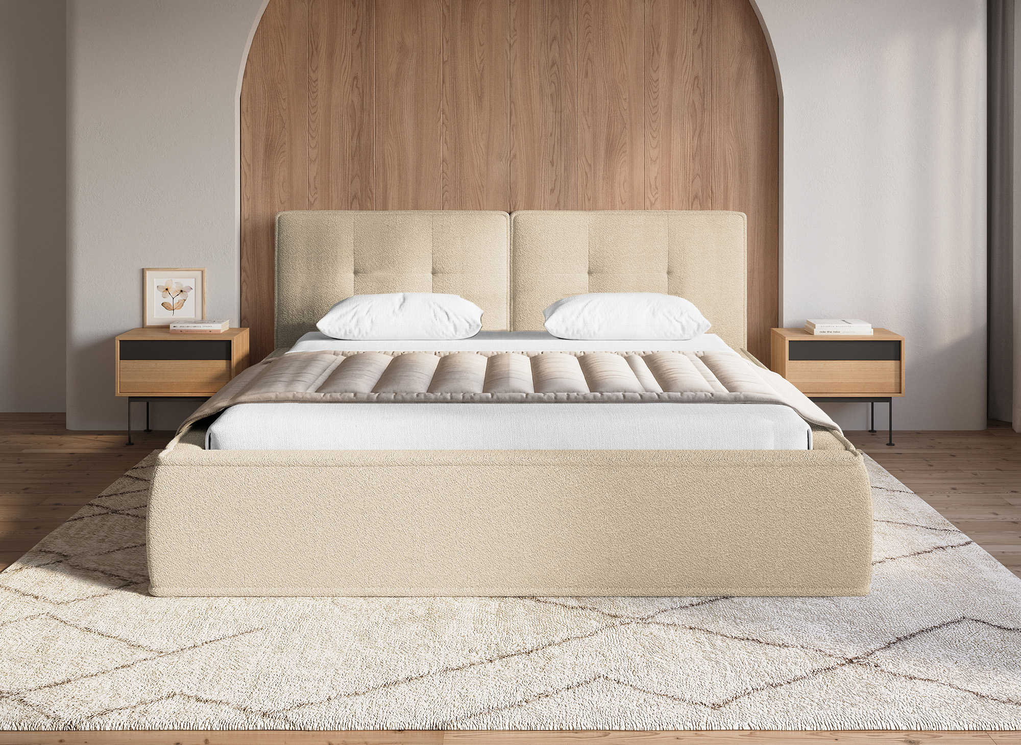 Lit double en tissu bouclette beige 180x200cm YUNA