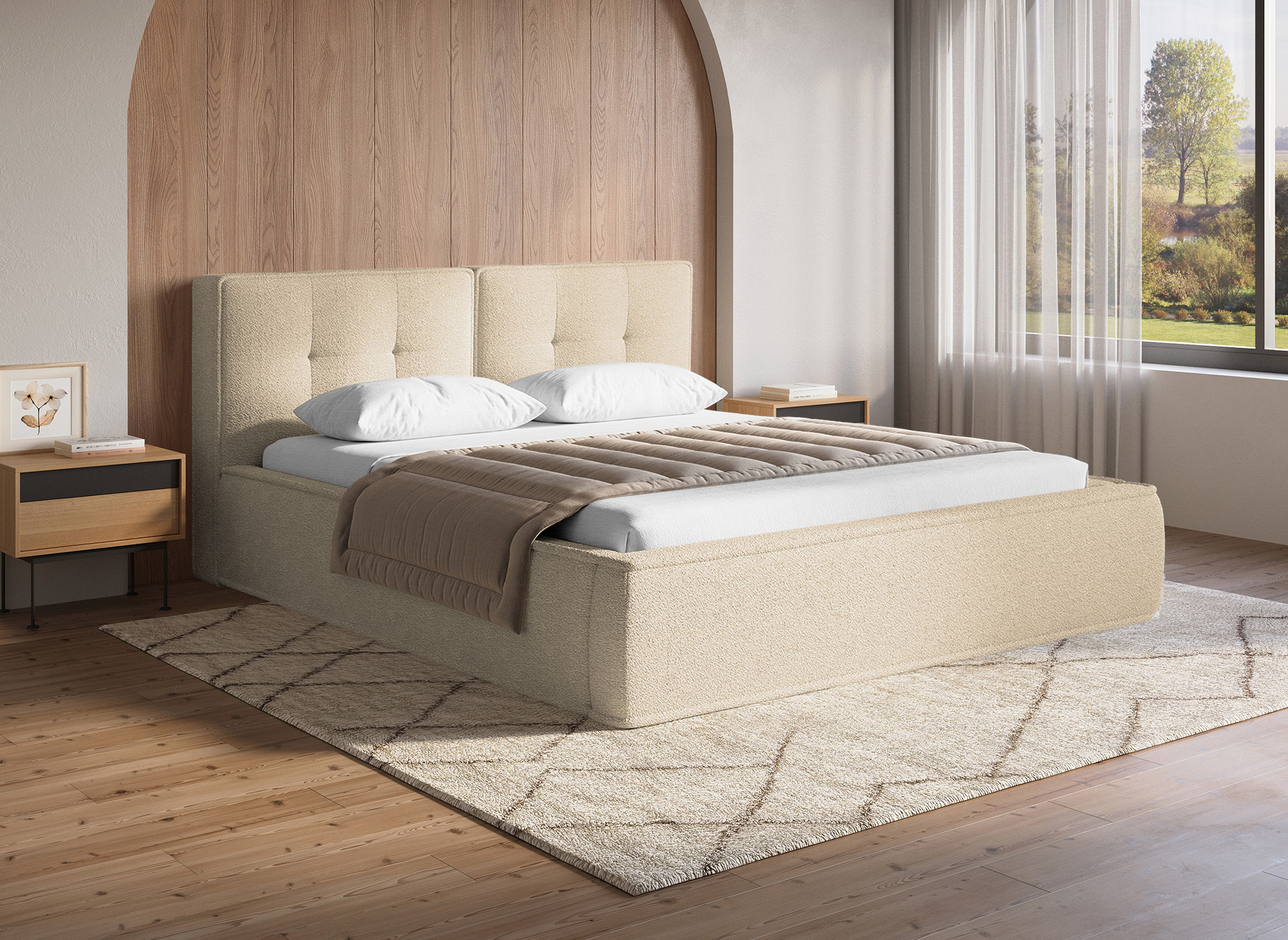 Lit double en tissu bouclette beige 180x200cm YUNA