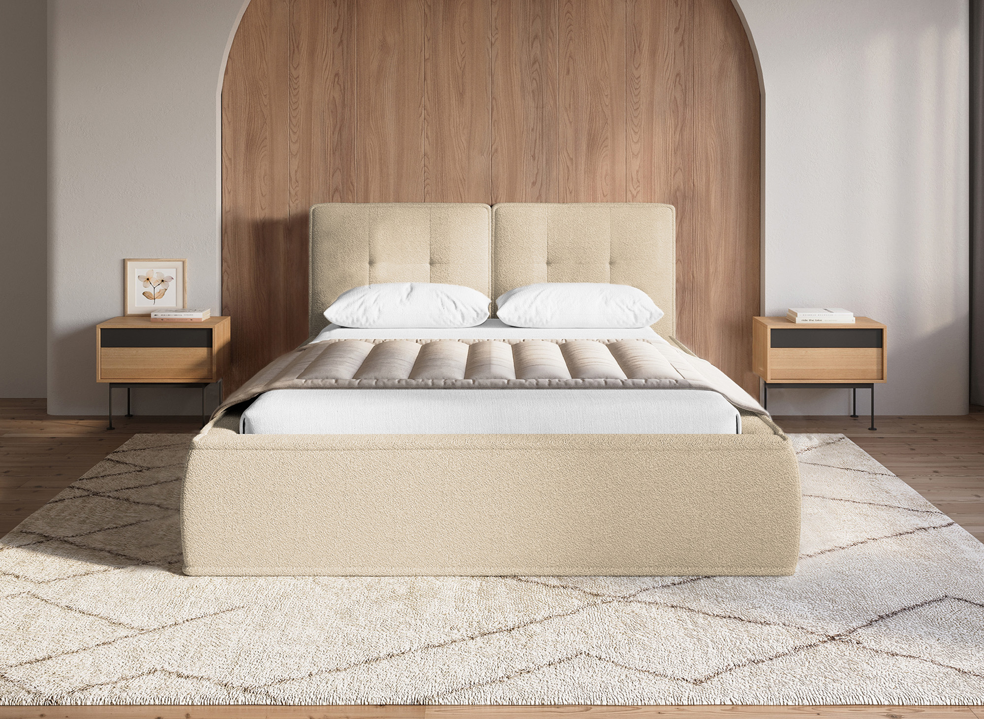 Lit double en tissu bouclette beige 140x190 cm YUNA