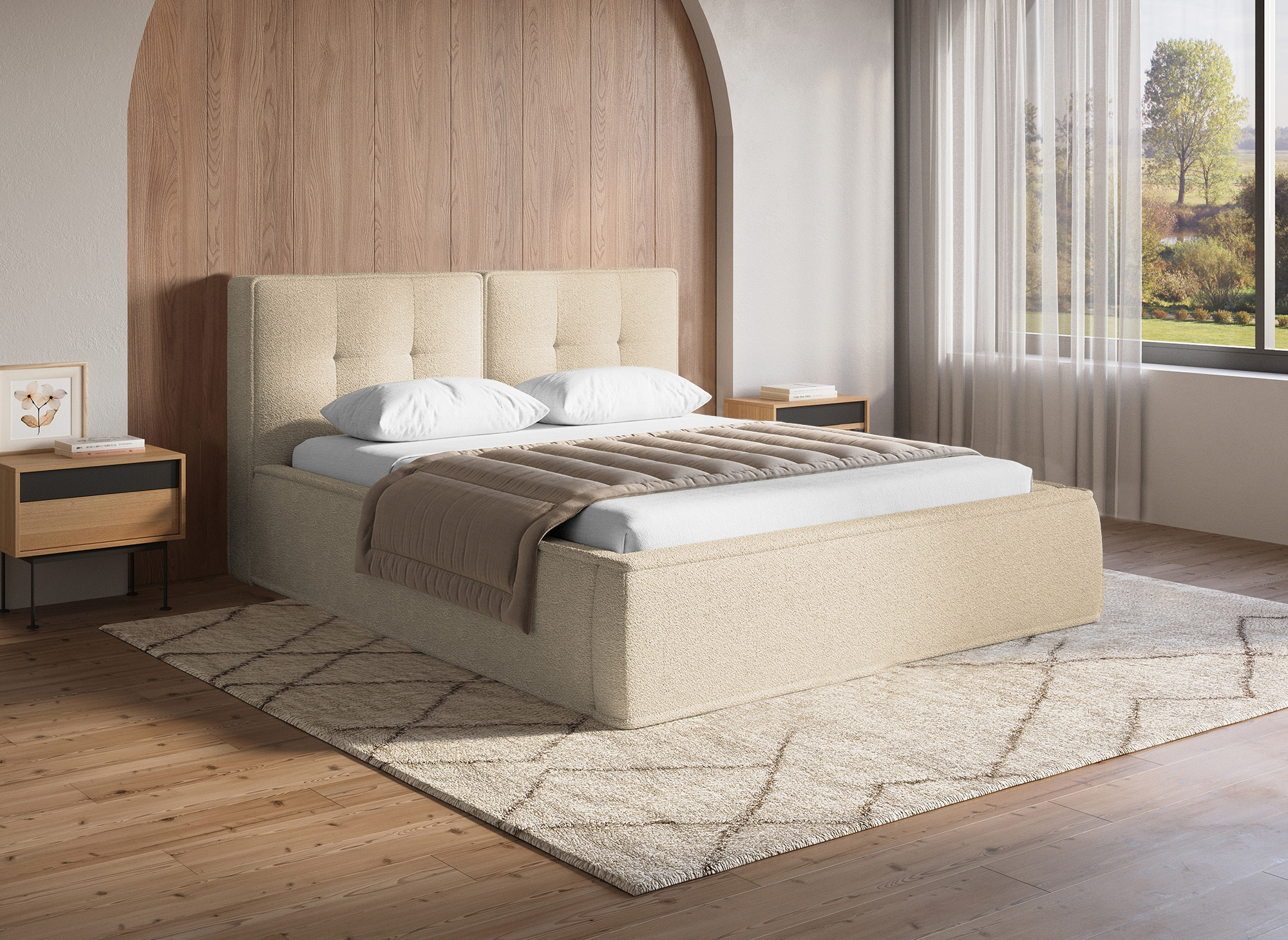 Lit double en tissu bouclette beige 140x190 cm YUNA