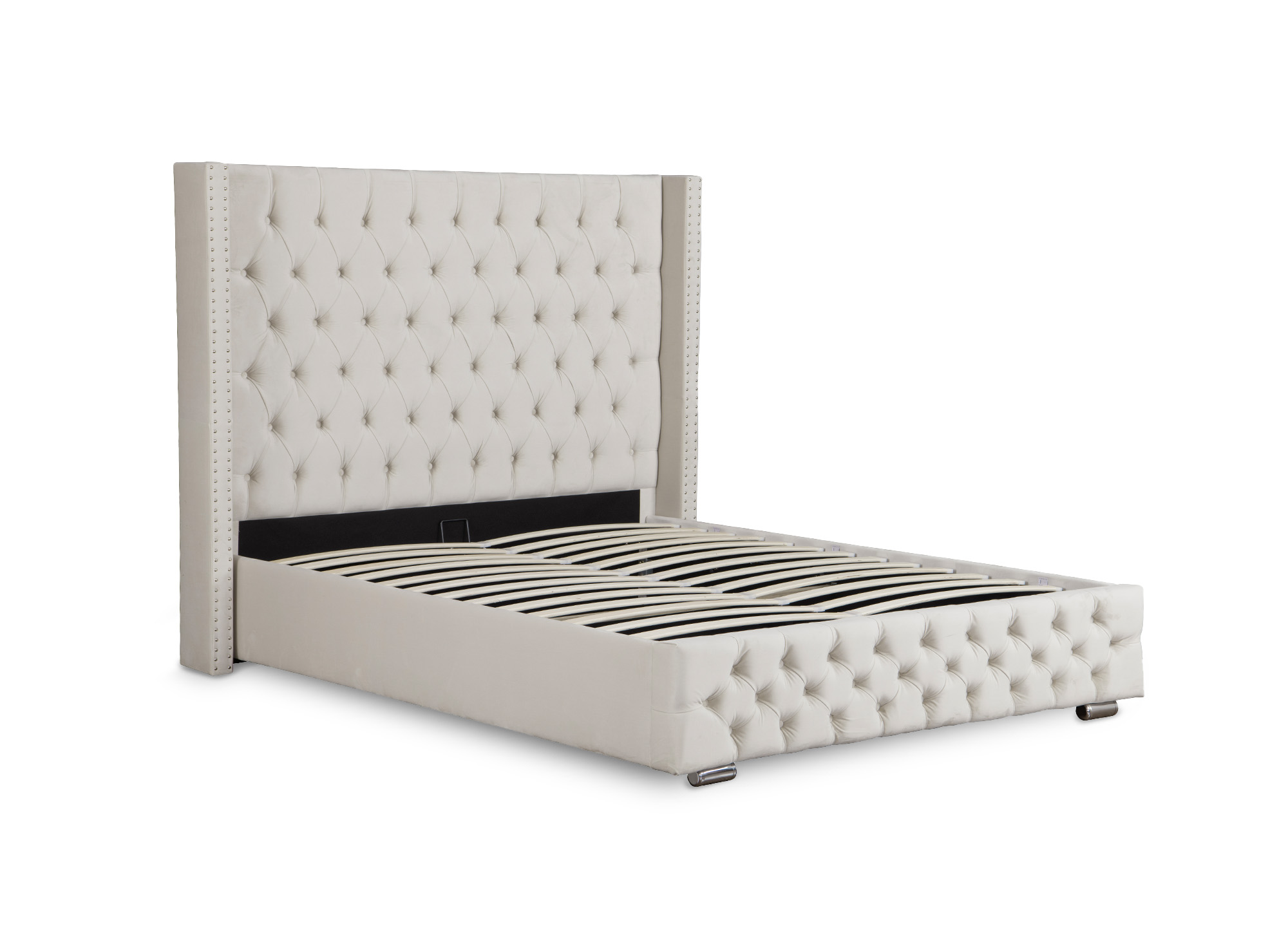 Lit coffre en velours beige 160x200 cm MAXI